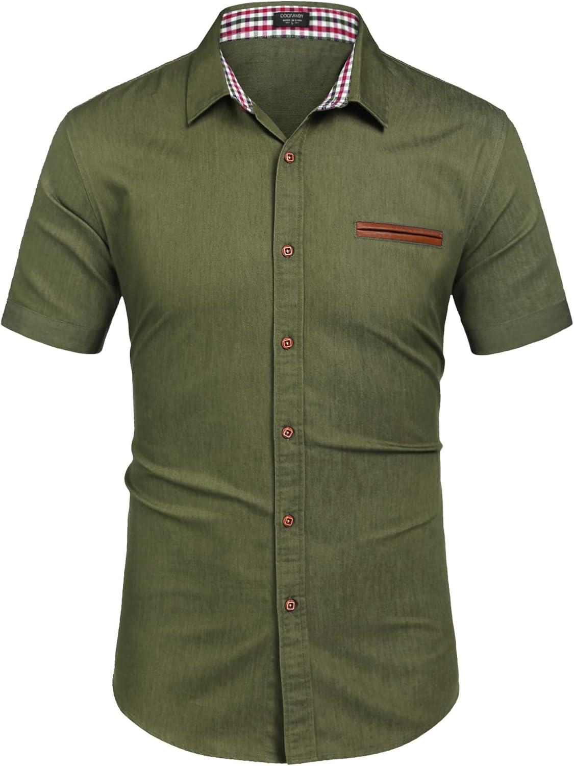 imageCOOFANDY Mens Casual Cotton Short Sleeve Button Down Dress Shirt Plaid Collar Denim Work ShirtsA  Army Green  No Pocket