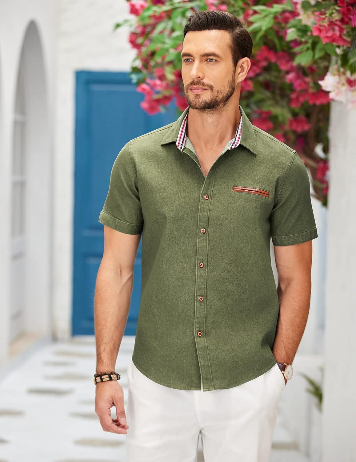 imageCOOFANDY Mens Casual Cotton Short Sleeve Button Down Dress Shirt Plaid Collar Denim Work ShirtsA  Army Green  No Pocket