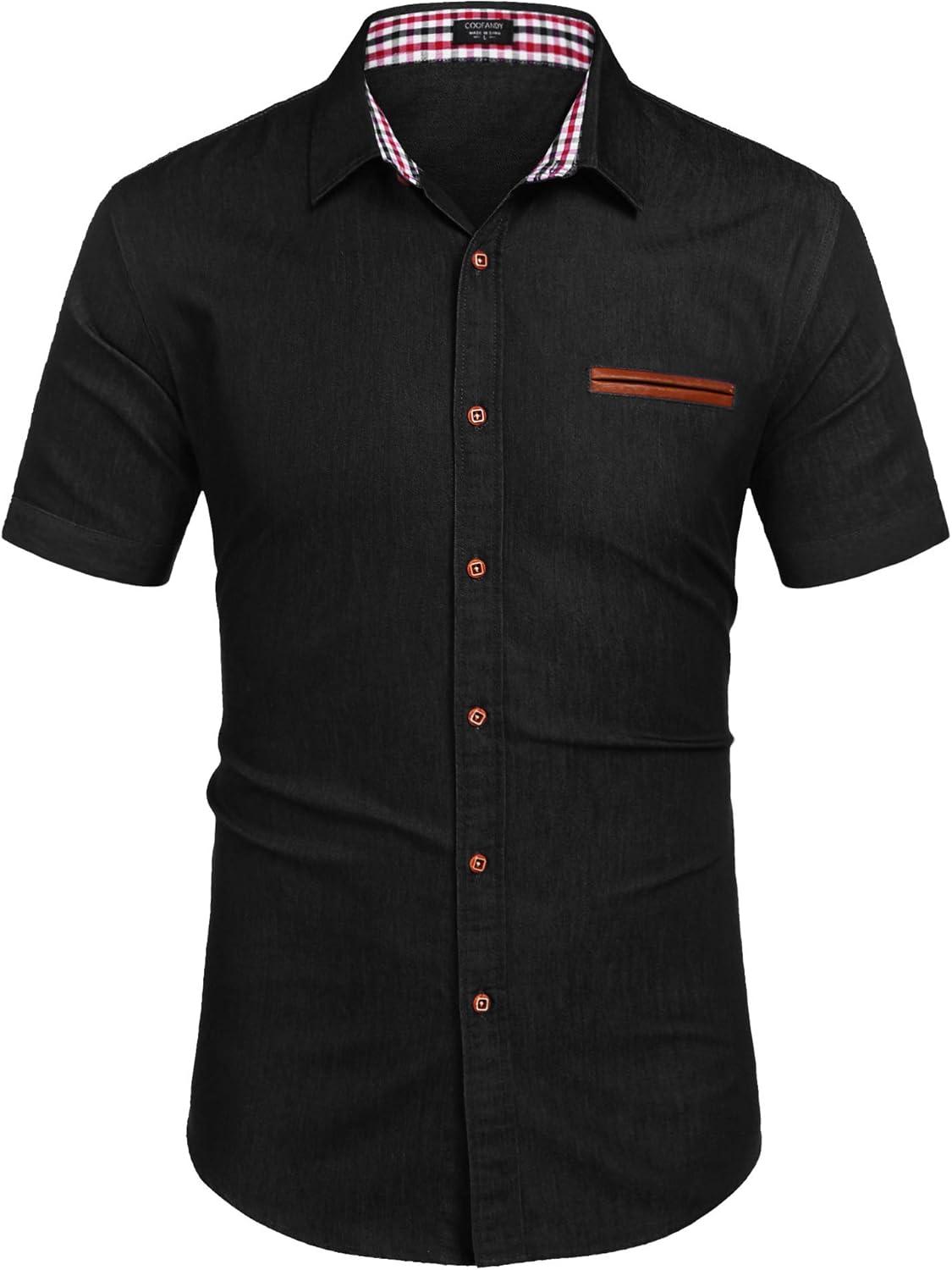 imageCOOFANDY Mens Casual Cotton Short Sleeve Button Down Dress Shirt Plaid Collar Denim Work ShirtsA  Black  No Pocket
