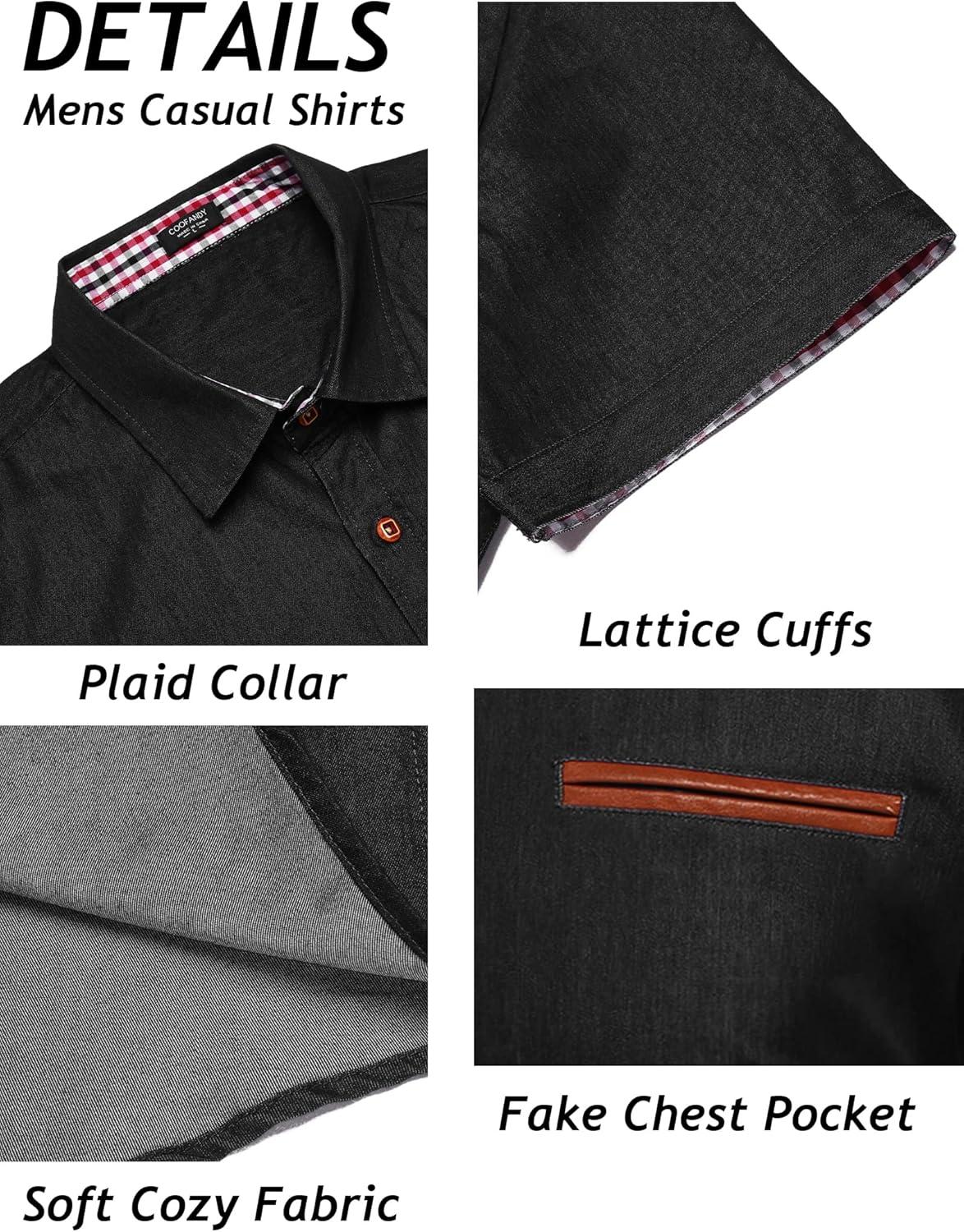 imageCOOFANDY Mens Casual Cotton Short Sleeve Button Down Dress Shirt Plaid Collar Denim Work ShirtsA  Black  No Pocket