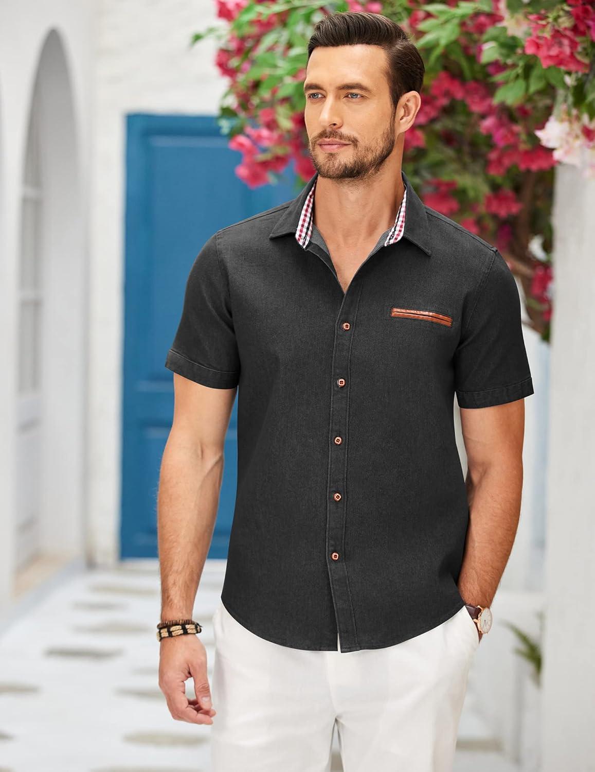 imageCOOFANDY Mens Casual Cotton Short Sleeve Button Down Dress Shirt Plaid Collar Denim Work ShirtsA  Black  No Pocket