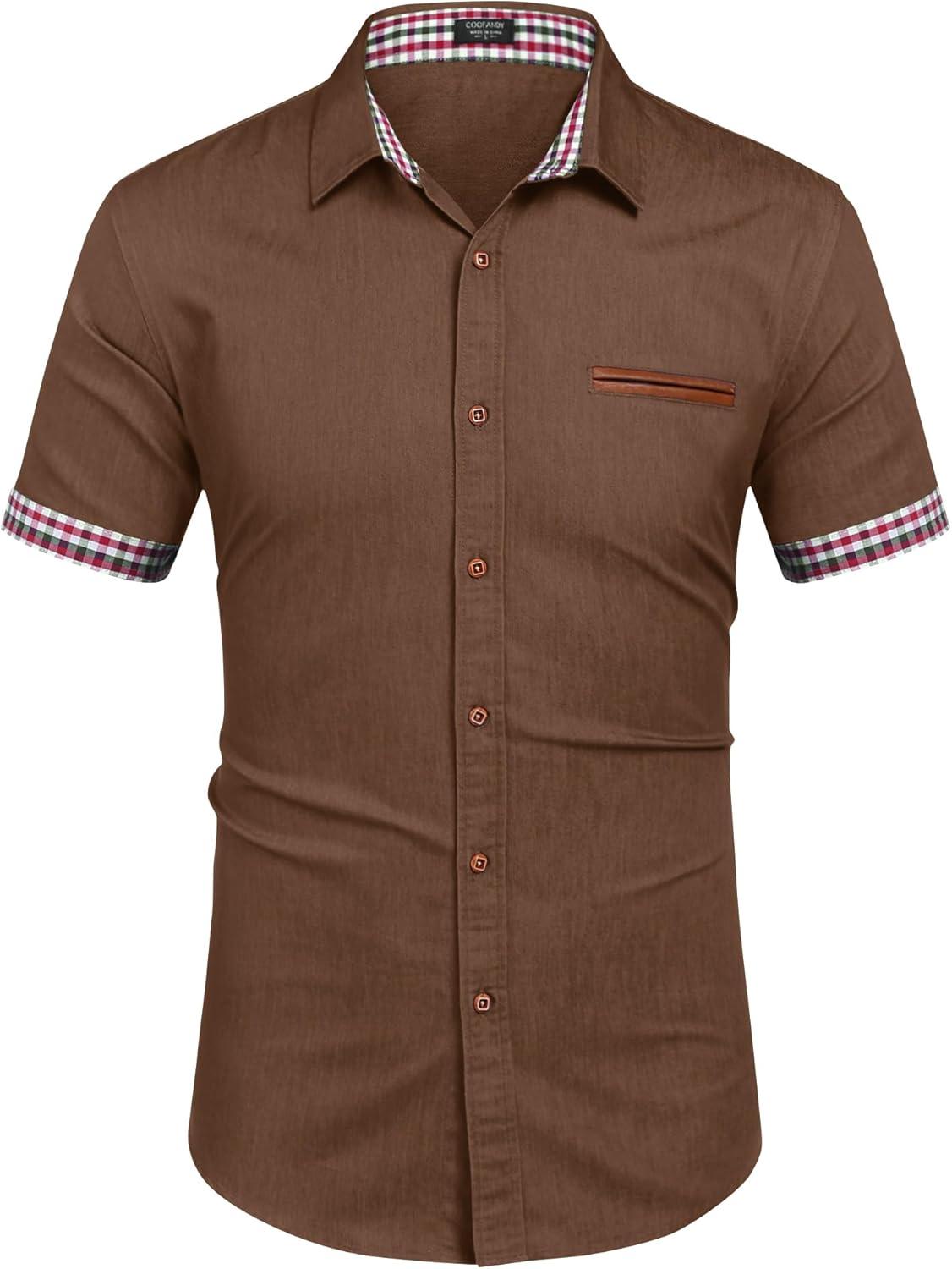 imageCOOFANDY Mens Casual Cotton Short Sleeve Button Down Dress Shirt Plaid Collar Denim Work ShirtsA  Brown  No Pocket