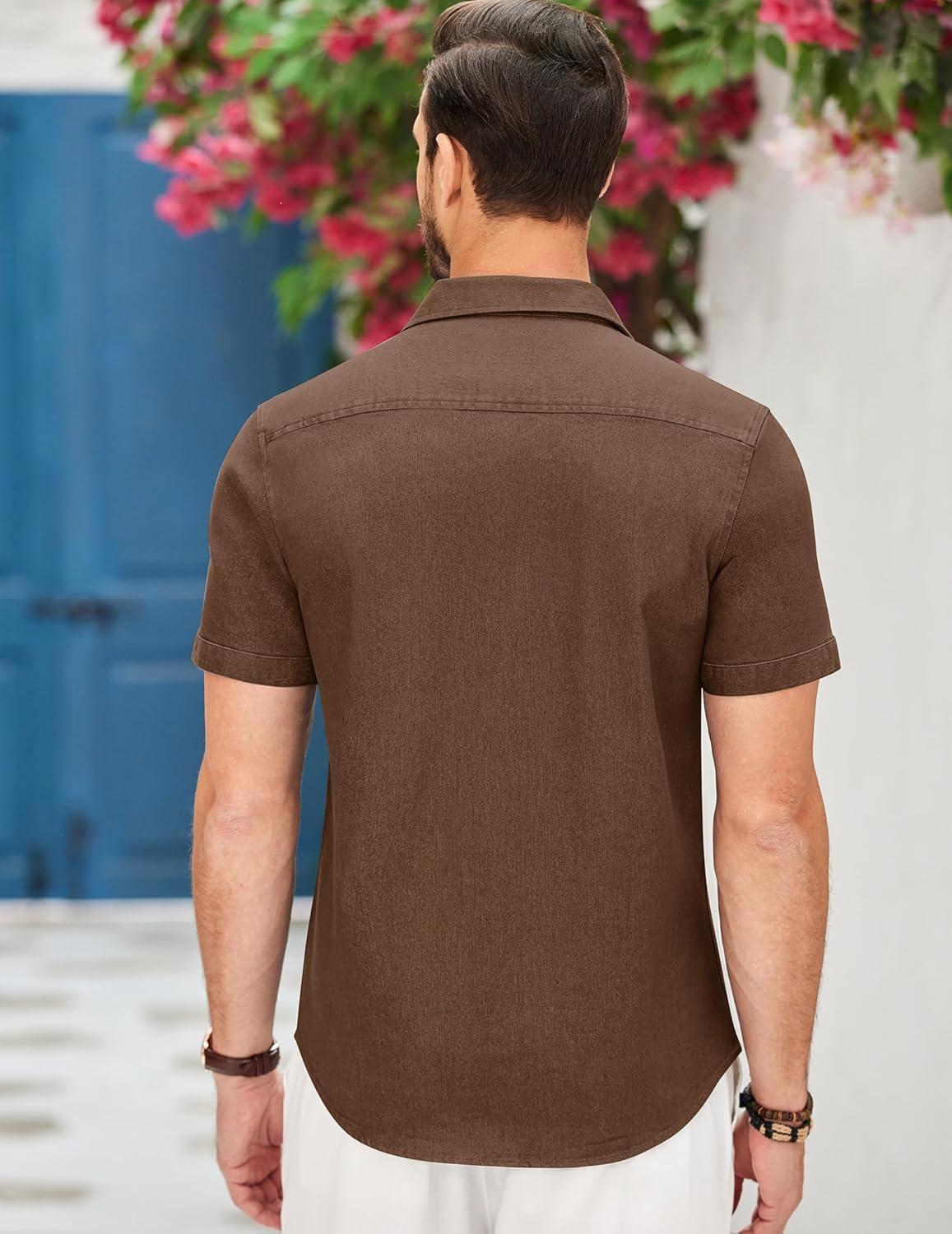 imageCOOFANDY Mens Casual Cotton Short Sleeve Button Down Dress Shirt Plaid Collar Denim Work ShirtsA  Brown  No Pocket