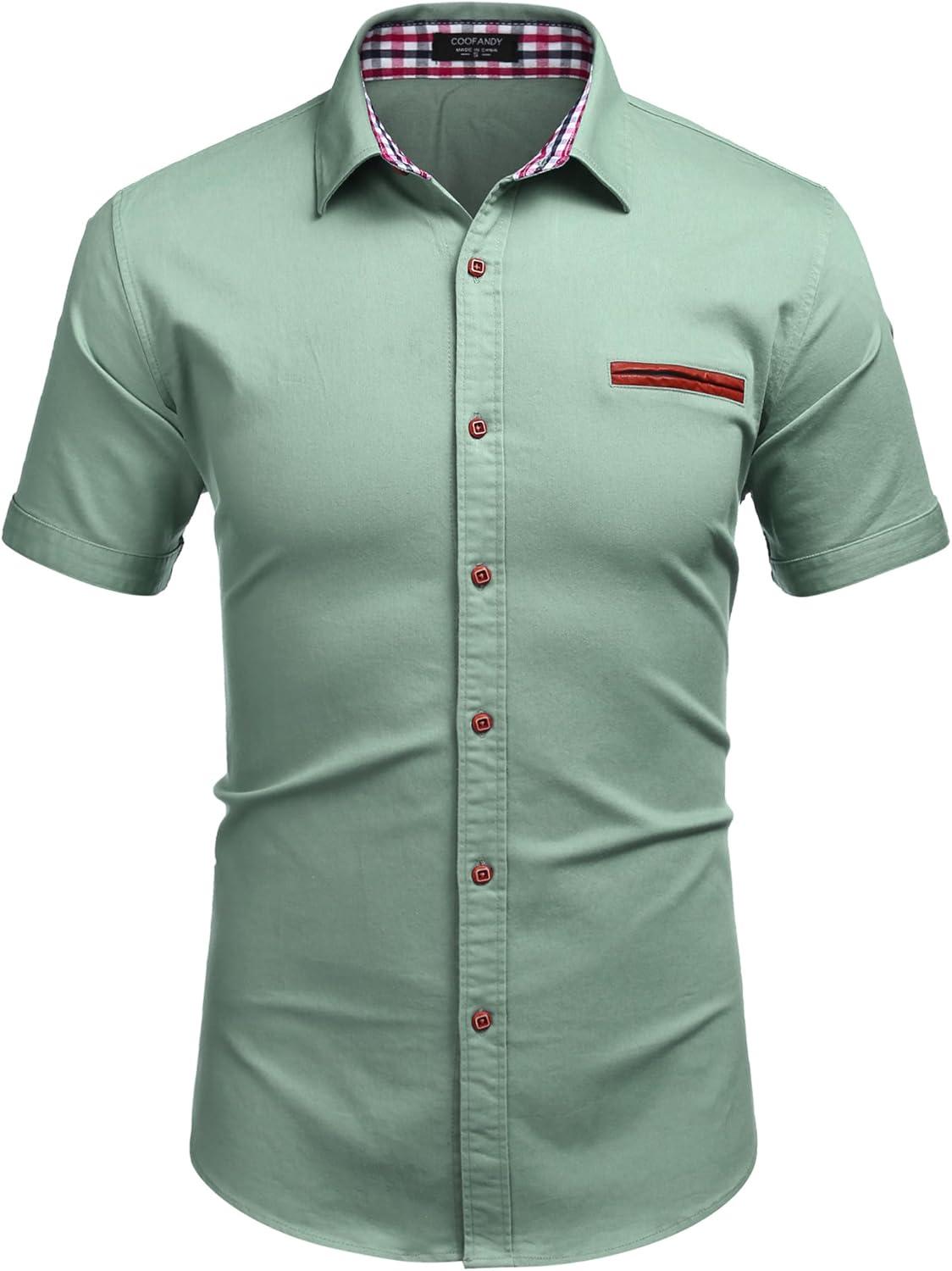 imageCOOFANDY Mens Casual Cotton Short Sleeve Button Down Dress Shirt Plaid Collar Denim Work ShirtsA  Chambray  No Pocket