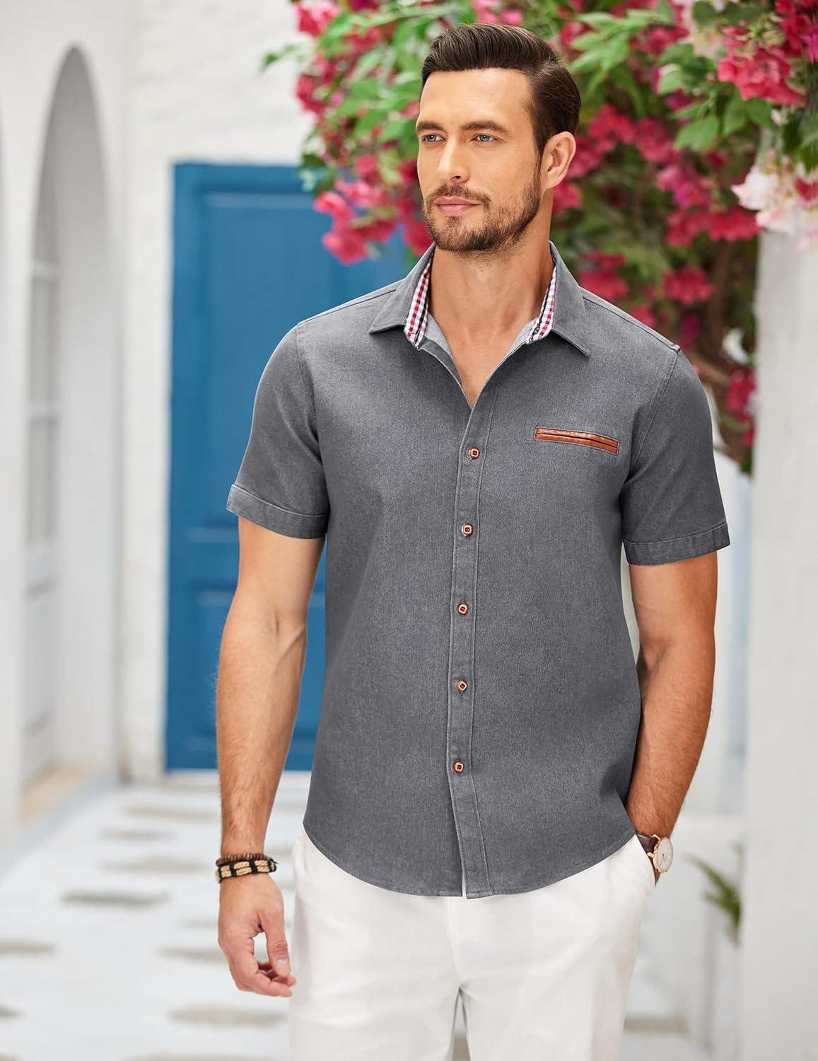 imageCOOFANDY Mens Casual Cotton Short Sleeve Button Down Dress Shirt Plaid Collar Denim Work ShirtsA  Charcoal Grey  No Pocket