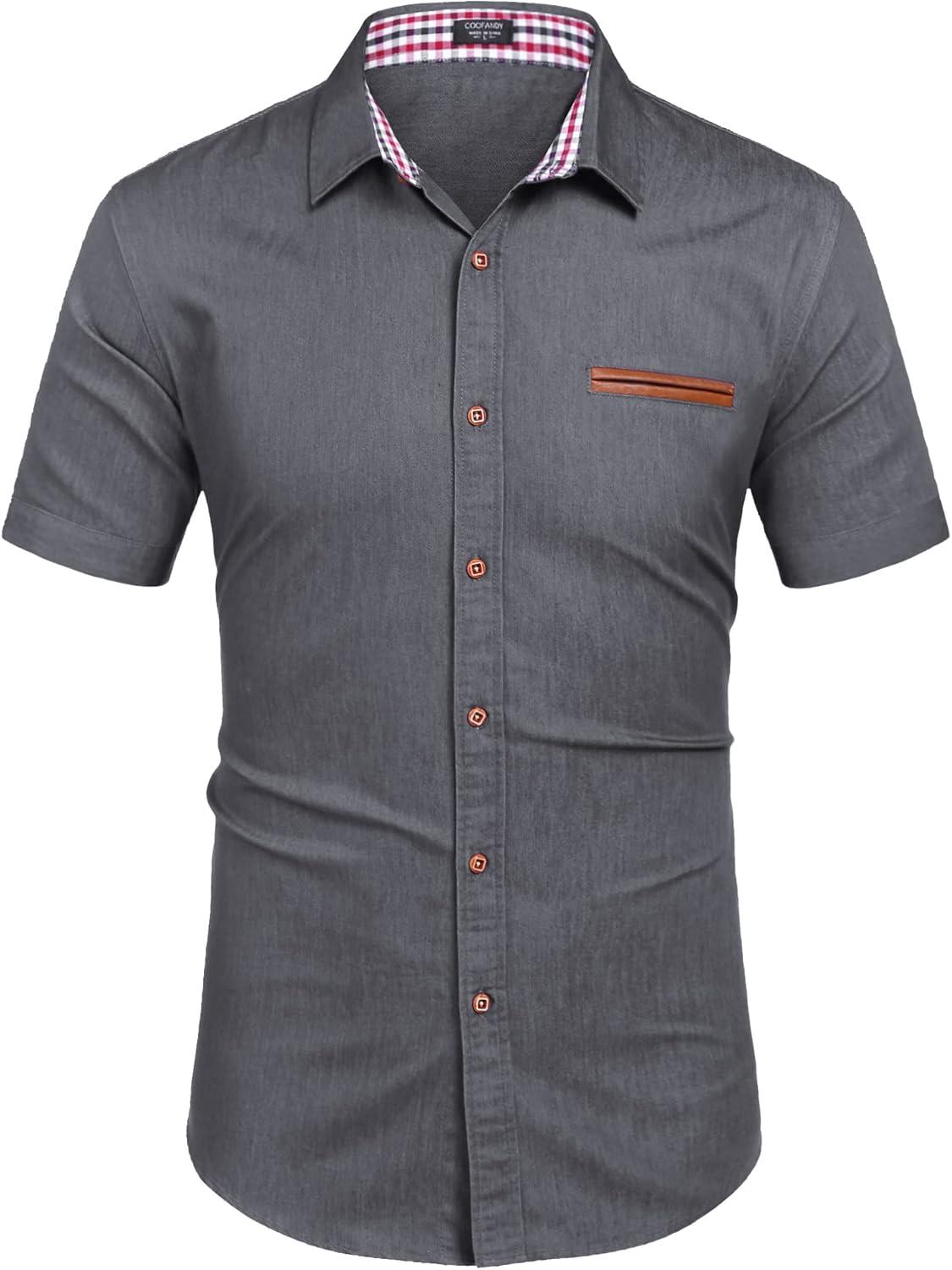 imageCOOFANDY Mens Casual Cotton Short Sleeve Button Down Dress Shirt Plaid Collar Denim Work ShirtsA  Charcoal Grey  No Pocket
