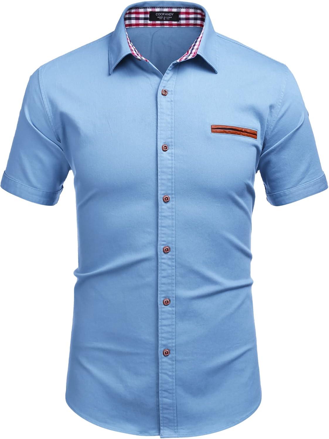 imageCOOFANDY Mens Casual Cotton Short Sleeve Button Down Dress Shirt Plaid Collar Denim Work ShirtsA  Clear Blue  No Pocket
