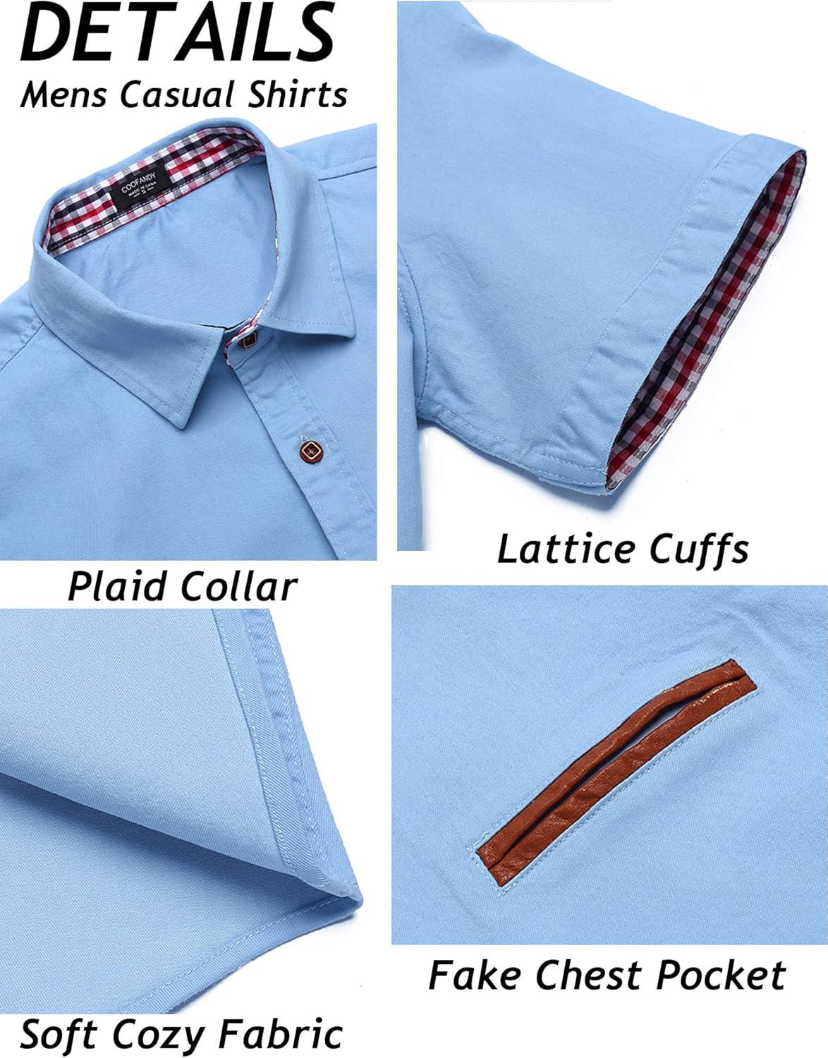 imageCOOFANDY Mens Casual Cotton Short Sleeve Button Down Dress Shirt Plaid Collar Denim Work ShirtsA  Clear Blue  No Pocket