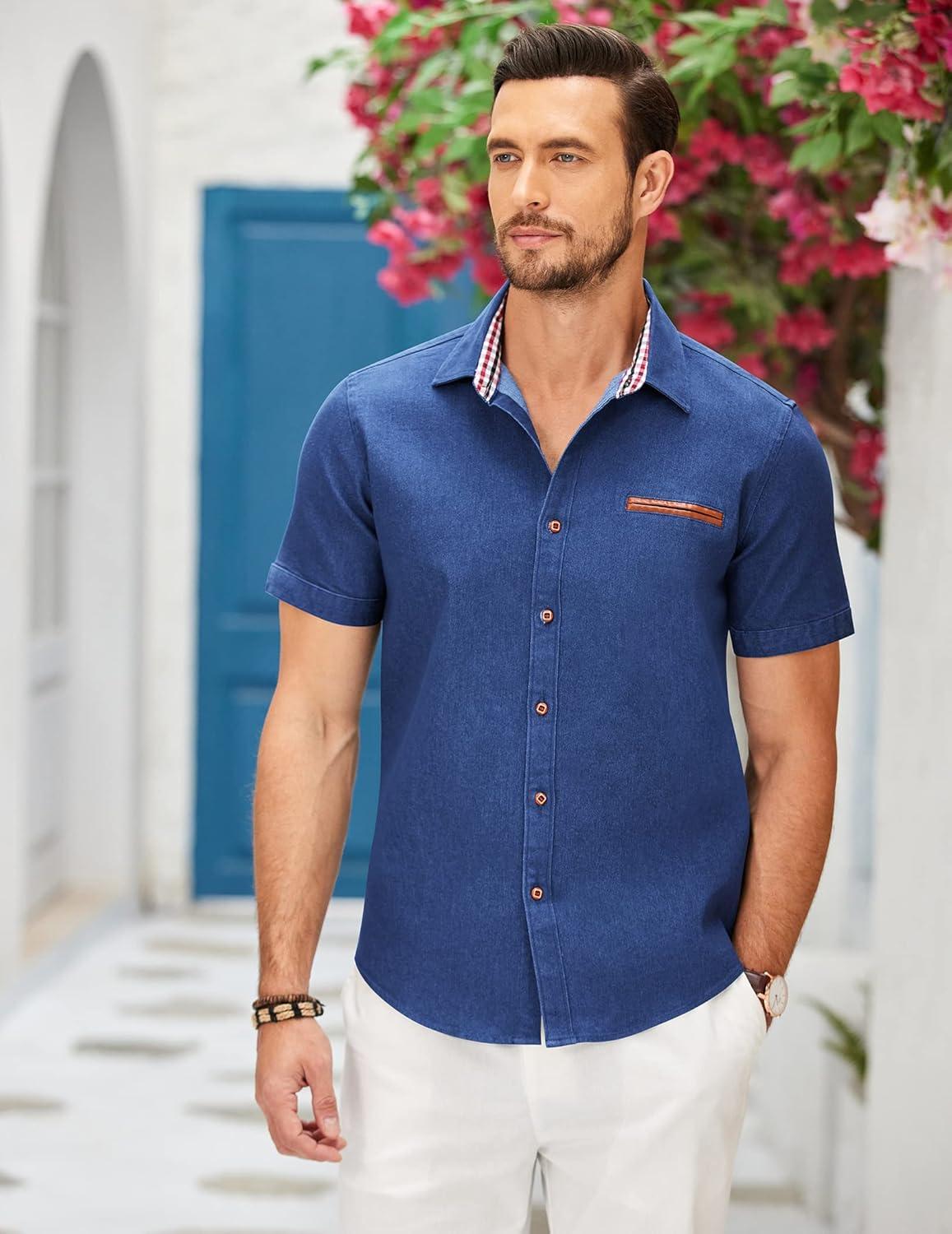 imageCOOFANDY Mens Casual Cotton Short Sleeve Button Down Dress Shirt Plaid Collar Denim Work ShirtsA  Dark Blue  No Pocket