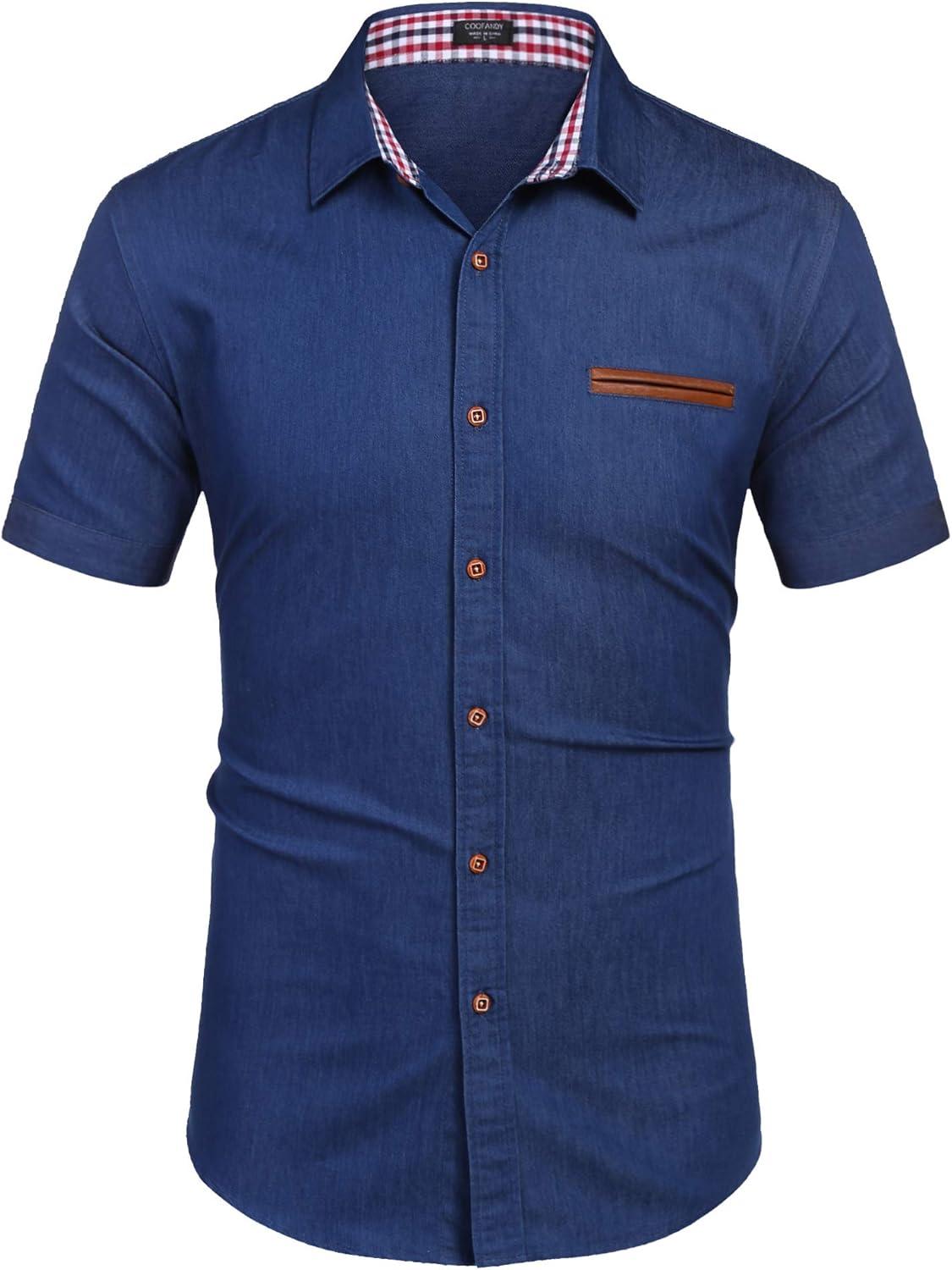 imageCOOFANDY Mens Casual Cotton Short Sleeve Button Down Dress Shirt Plaid Collar Denim Work ShirtsA  Dark Blue  No Pocket