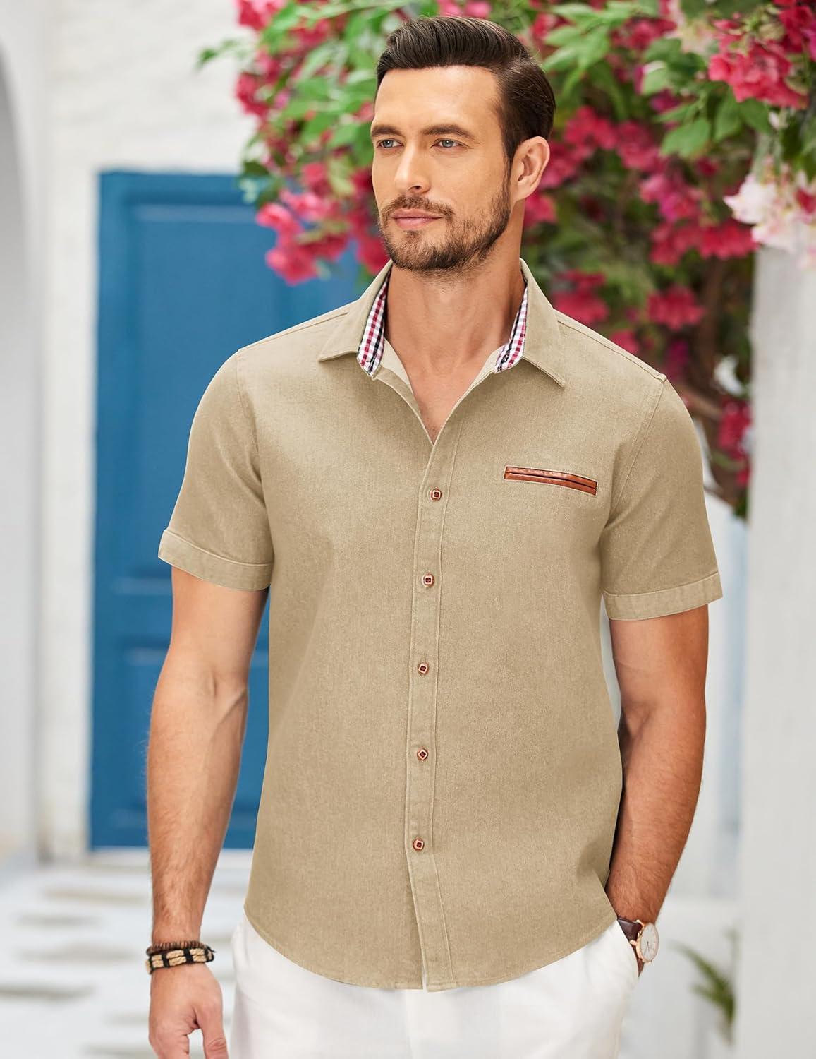 imageCOOFANDY Mens Casual Cotton Short Sleeve Button Down Dress Shirt Plaid Collar Denim Work ShirtsA  Khaki No Pocket