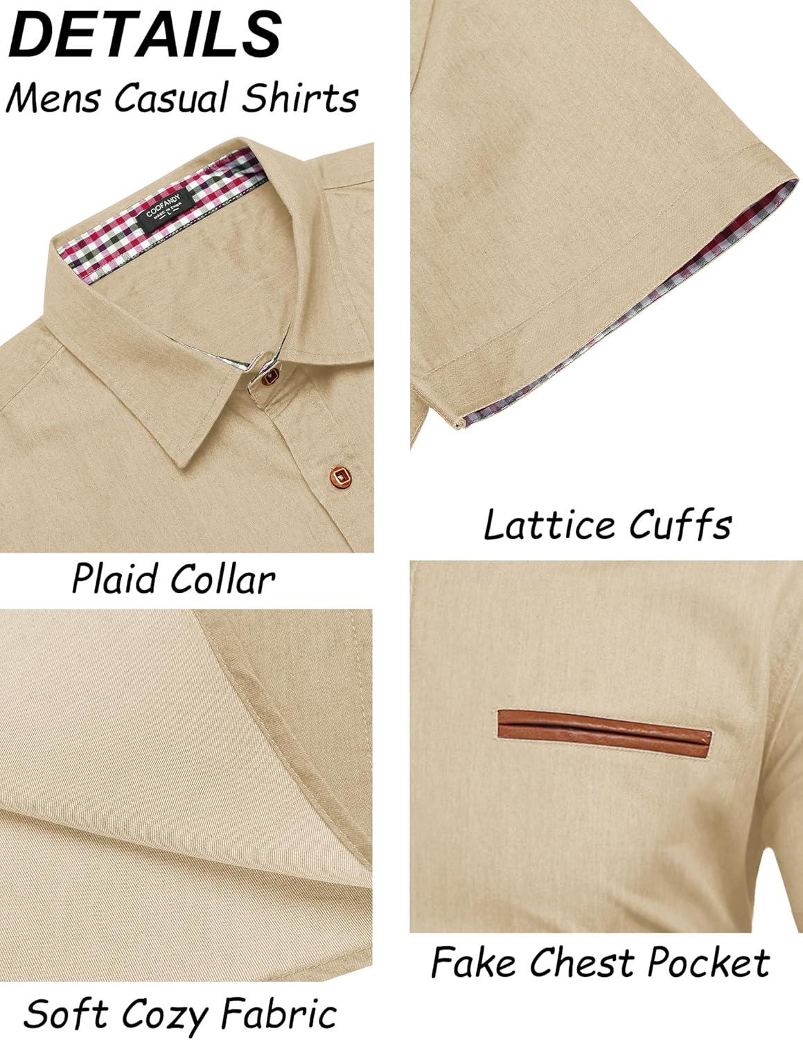 imageCOOFANDY Mens Casual Cotton Short Sleeve Button Down Dress Shirt Plaid Collar Denim Work ShirtsA  Khaki No Pocket