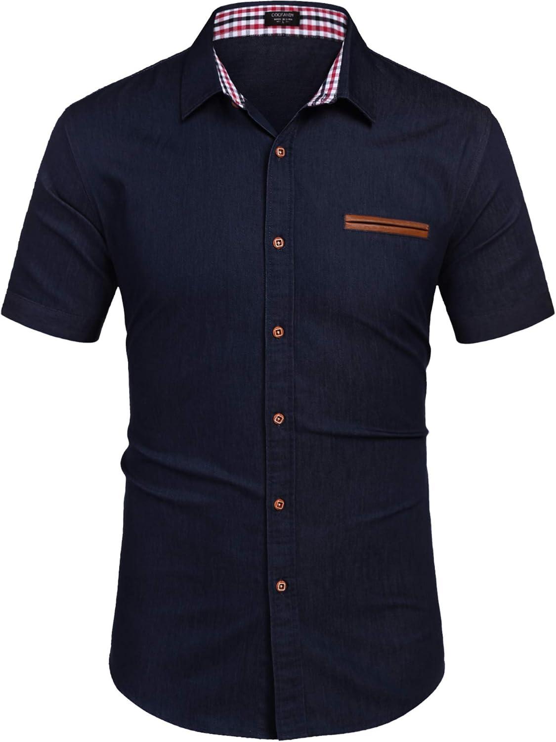imageCOOFANDY Mens Casual Cotton Short Sleeve Button Down Dress Shirt Plaid Collar Denim Work ShirtsA  Navy Blue  No Pocket