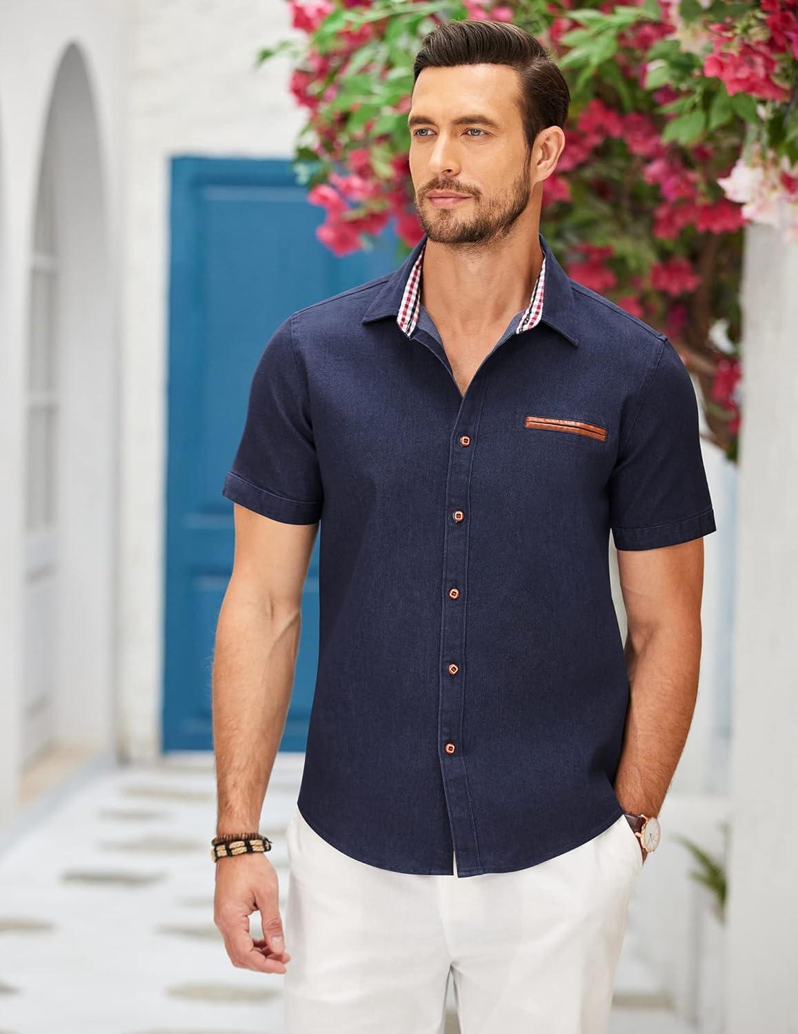 imageCOOFANDY Mens Casual Cotton Short Sleeve Button Down Dress Shirt Plaid Collar Denim Work ShirtsA  Navy Blue  No Pocket