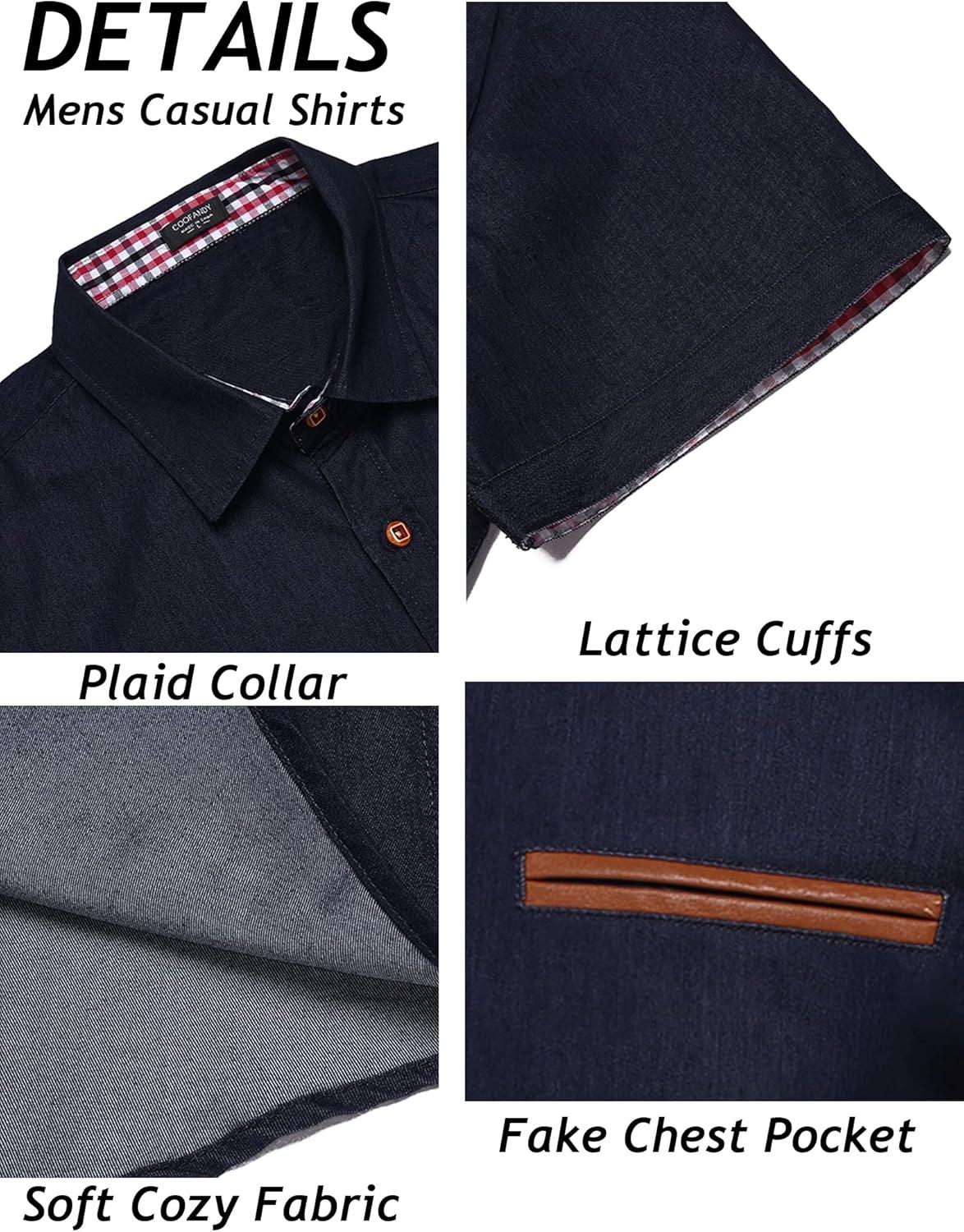 imageCOOFANDY Mens Casual Cotton Short Sleeve Button Down Dress Shirt Plaid Collar Denim Work ShirtsA  Navy Blue  No Pocket