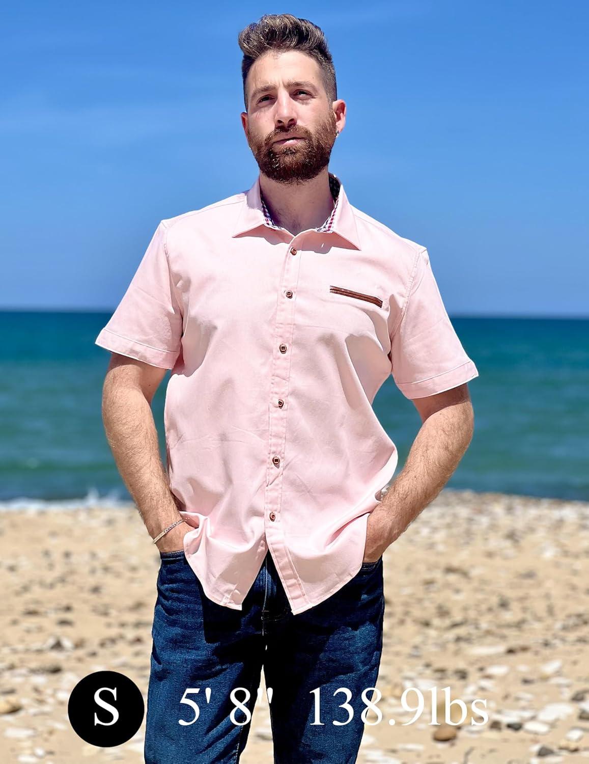 imageCOOFANDY Mens Casual Cotton Short Sleeve Button Down Dress Shirt Plaid Collar Denim Work ShirtsA  Pink  No Pocket