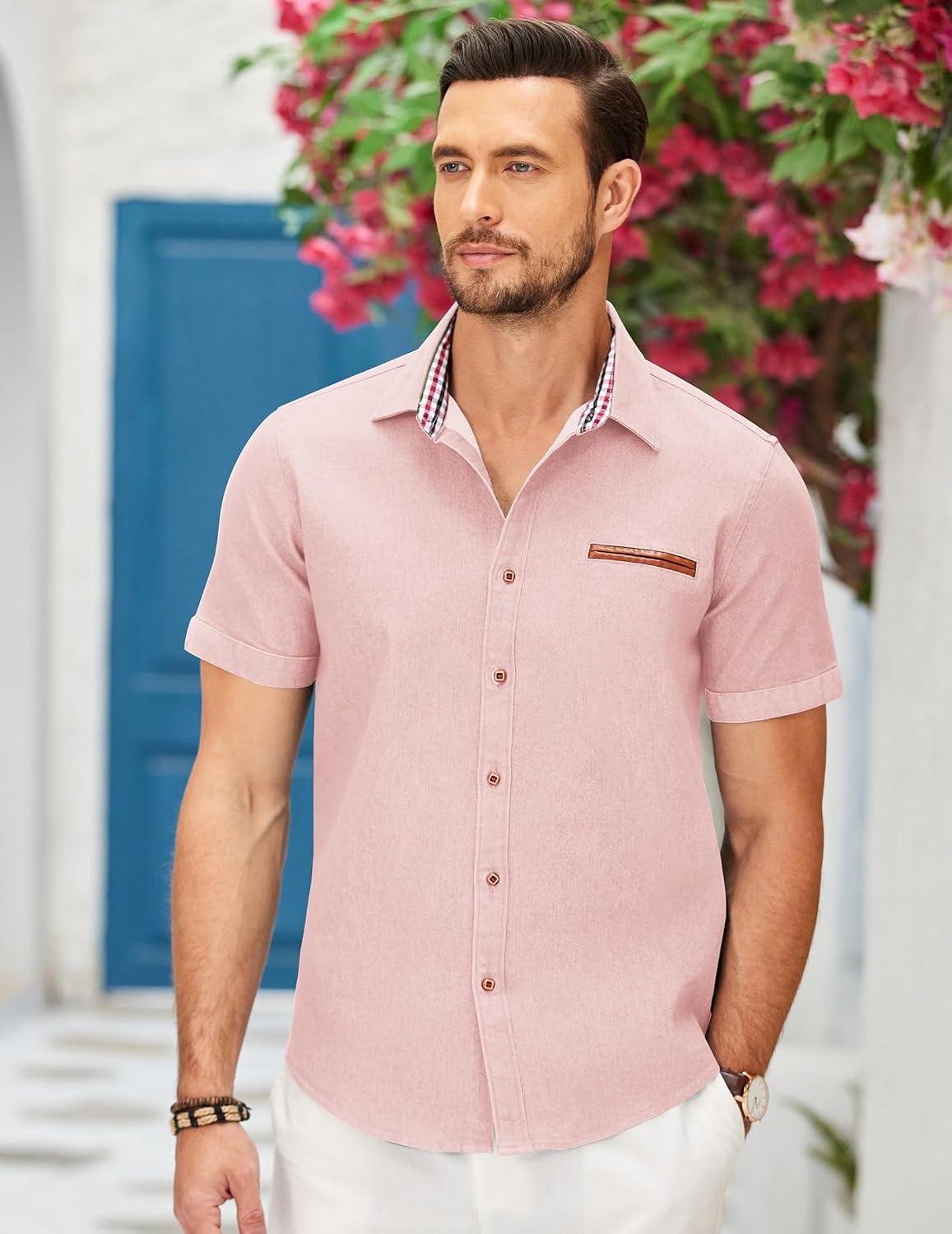 imageCOOFANDY Mens Casual Cotton Short Sleeve Button Down Dress Shirt Plaid Collar Denim Work ShirtsA  Pink  No Pocket