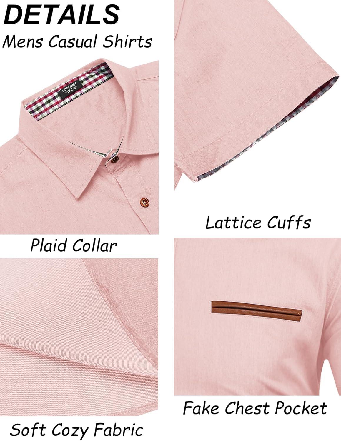 imageCOOFANDY Mens Casual Cotton Short Sleeve Button Down Dress Shirt Plaid Collar Denim Work ShirtsA  Pink  No Pocket