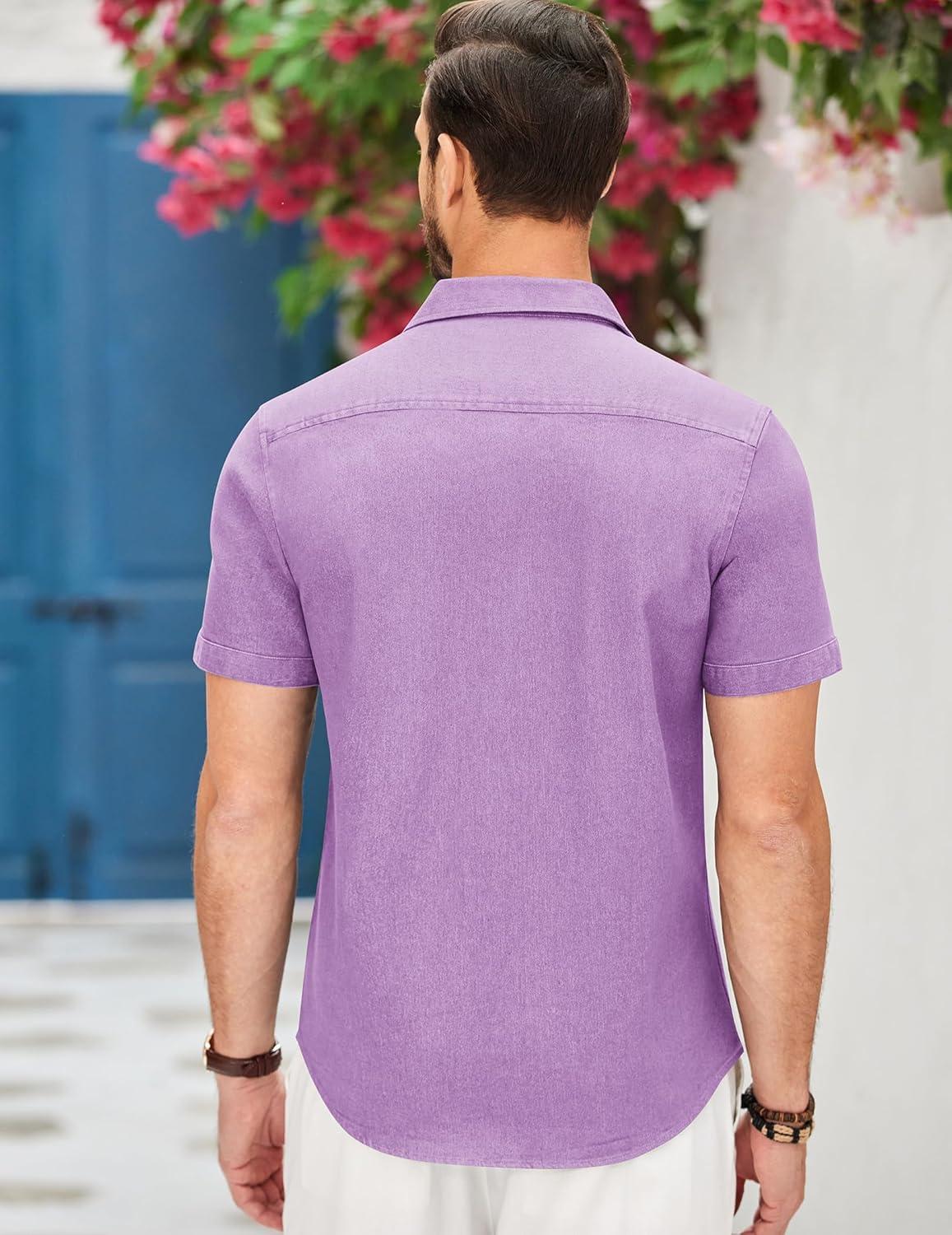 imageCOOFANDY Mens Casual Cotton Short Sleeve Button Down Dress Shirt Plaid Collar Denim Work ShirtsA  Purple  No Pocket