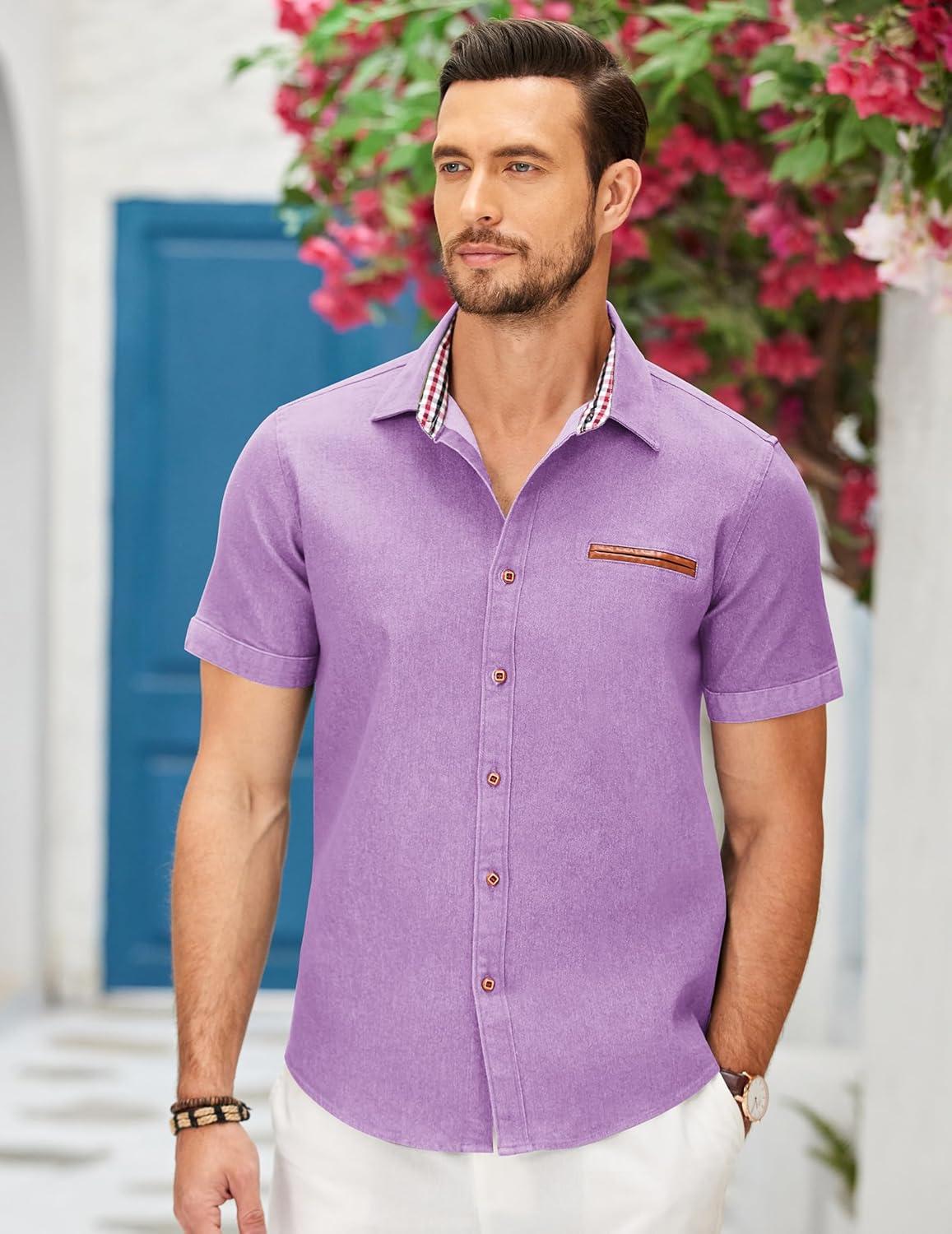 imageCOOFANDY Mens Casual Cotton Short Sleeve Button Down Dress Shirt Plaid Collar Denim Work ShirtsA  Purple  No Pocket