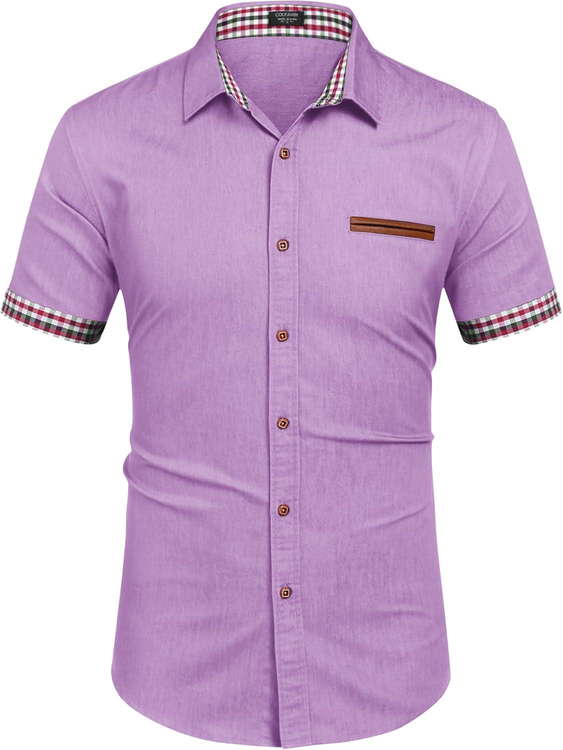 imageCOOFANDY Mens Casual Cotton Short Sleeve Button Down Dress Shirt Plaid Collar Denim Work ShirtsA  Purple  No Pocket