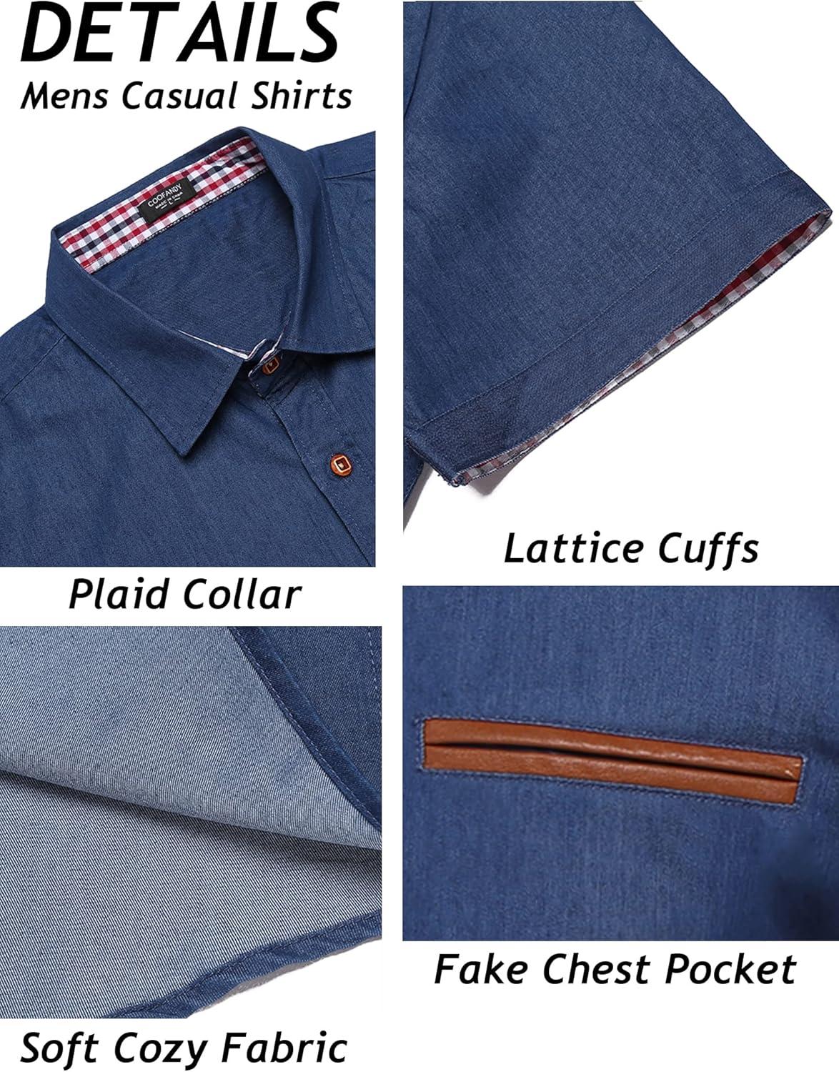 imageCOOFANDY Mens Casual Cotton Short Sleeve Button Down Dress Shirt Plaid Collar Denim Work ShirtsA  Sky Blue  No Pocket