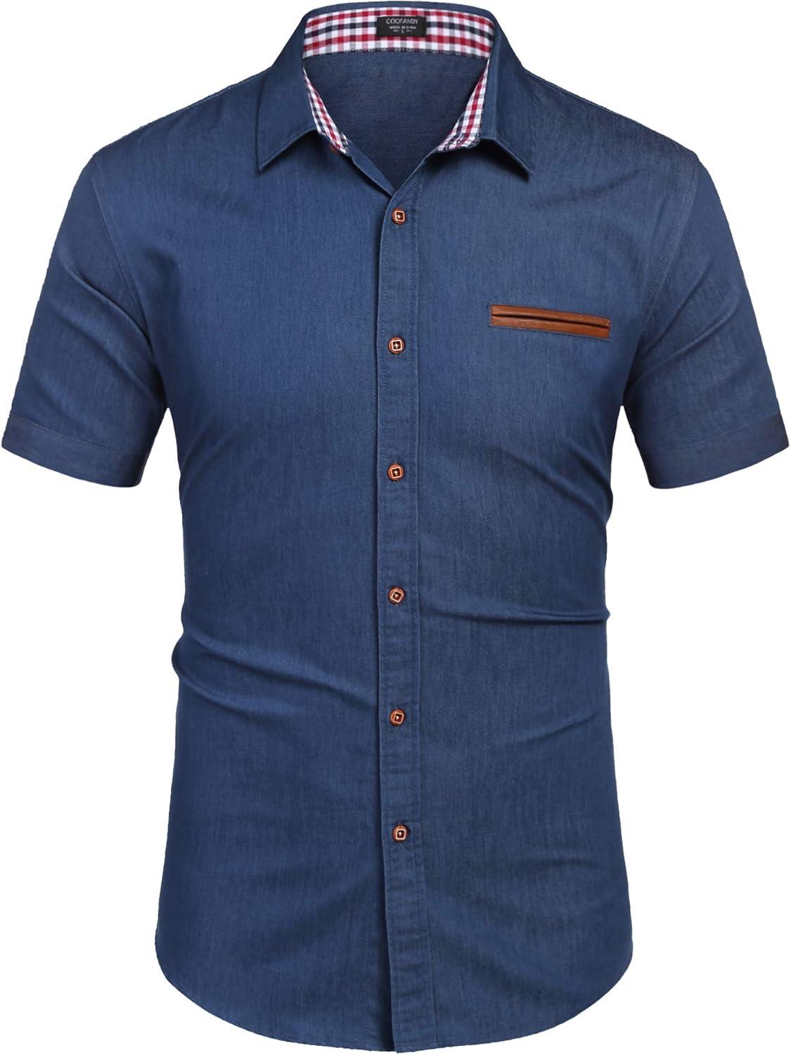 imageCOOFANDY Mens Casual Cotton Short Sleeve Button Down Dress Shirt Plaid Collar Denim Work ShirtsA  Sky Blue  No Pocket