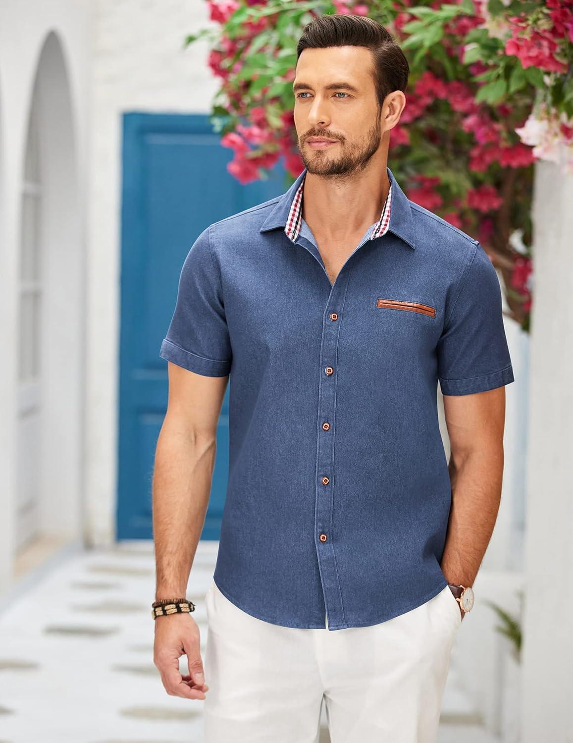 imageCOOFANDY Mens Casual Cotton Short Sleeve Button Down Dress Shirt Plaid Collar Denim Work ShirtsA  Sky Blue  No Pocket