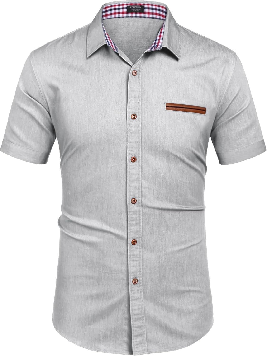 imageCOOFANDY Mens Casual Cotton Short Sleeve Button Down Dress Shirt Plaid Collar Denim Work ShirtsA  White  No Pocket