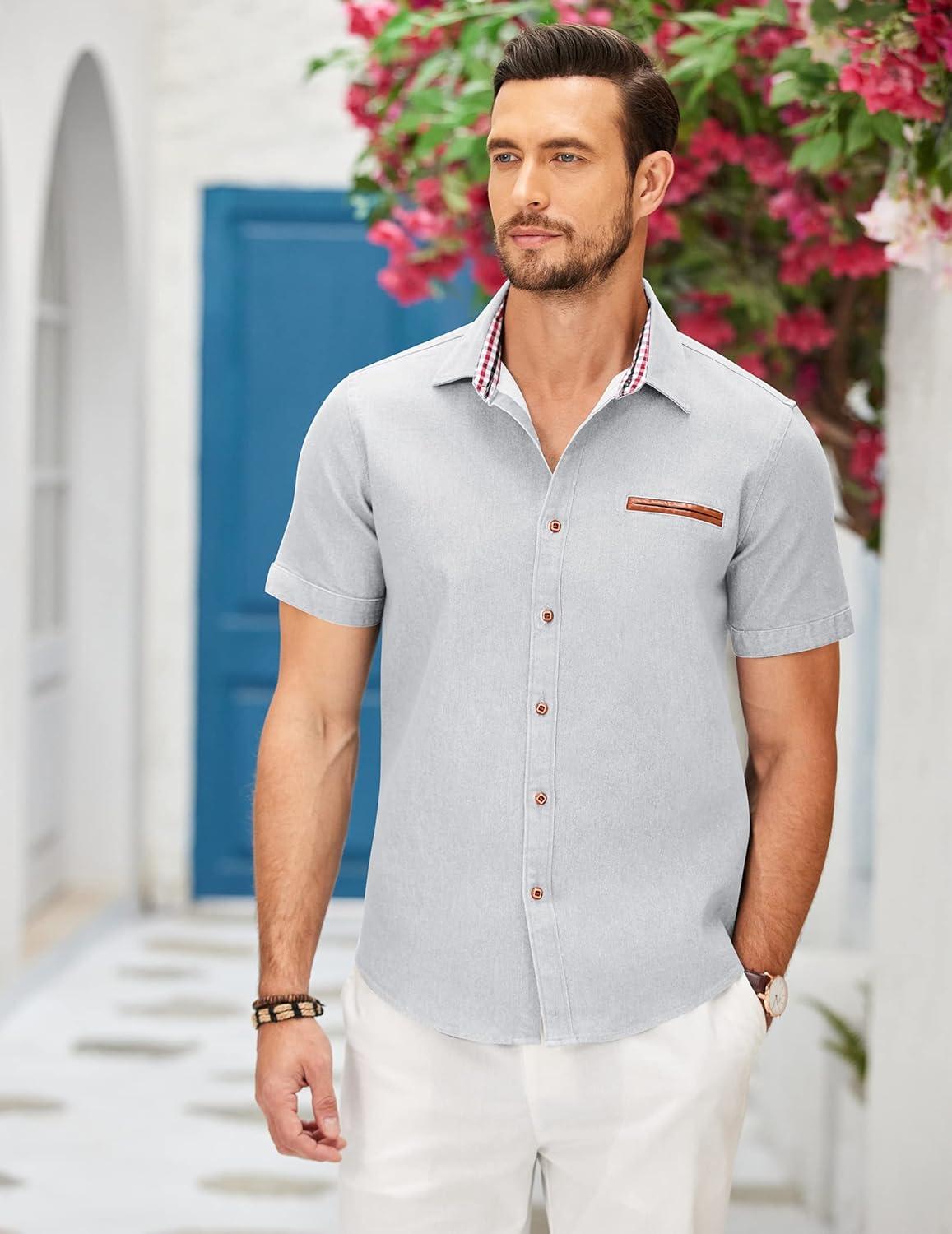 imageCOOFANDY Mens Casual Cotton Short Sleeve Button Down Dress Shirt Plaid Collar Denim Work ShirtsA  White  No Pocket