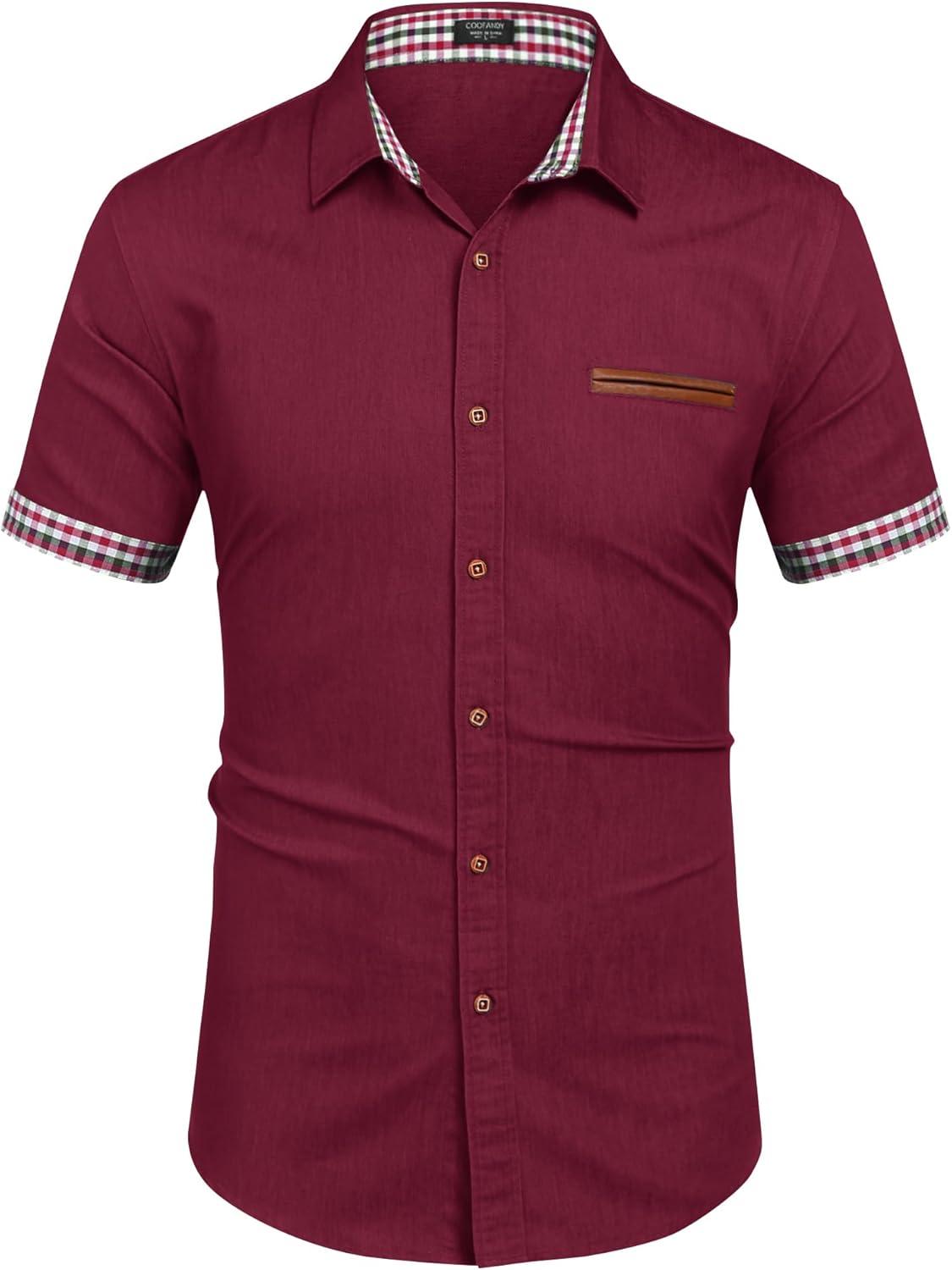 imageCOOFANDY Mens Casual Cotton Short Sleeve Button Down Dress Shirt Plaid Collar Denim Work ShirtsA  Wine Red  No Pocket