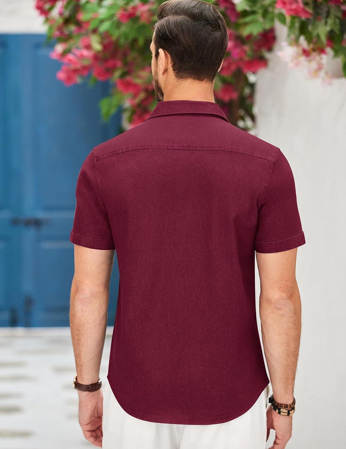 imageCOOFANDY Mens Casual Cotton Short Sleeve Button Down Dress Shirt Plaid Collar Denim Work ShirtsA  Wine Red  No Pocket