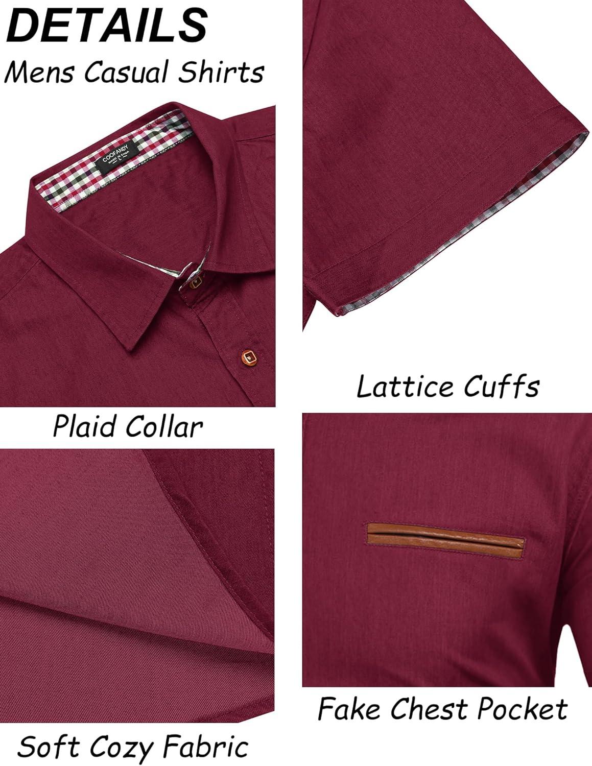 imageCOOFANDY Mens Casual Cotton Short Sleeve Button Down Dress Shirt Plaid Collar Denim Work ShirtsA  Wine Red  No Pocket