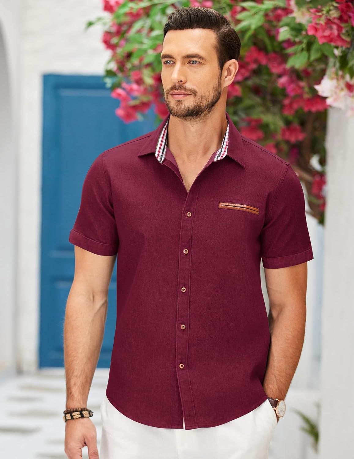 imageCOOFANDY Mens Casual Cotton Short Sleeve Button Down Dress Shirt Plaid Collar Denim Work ShirtsA  Wine Red  No Pocket