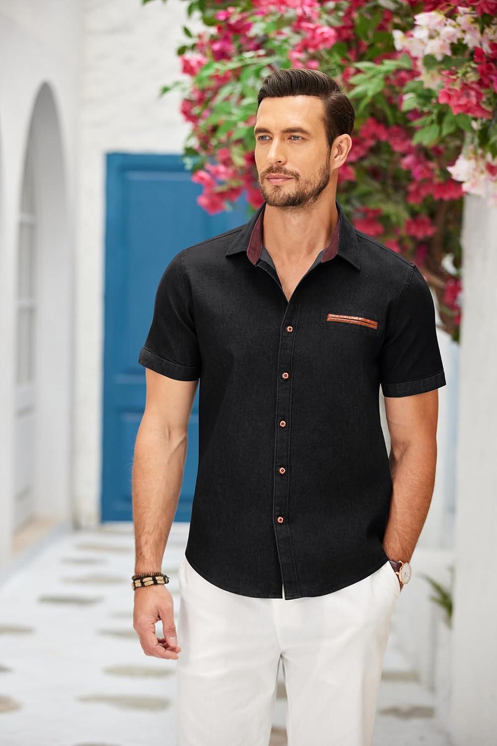 imageCOOFANDY Mens Casual Cotton Short Sleeve Button Down Dress Shirt Plaid Collar Denim Work ShirtsB  Black  No Pocket