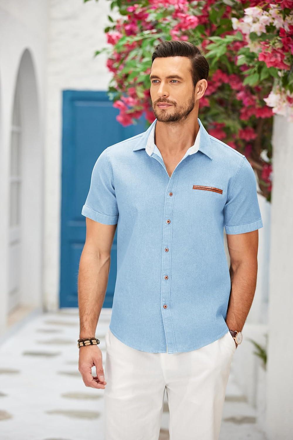 imageCOOFANDY Mens Casual Cotton Short Sleeve Button Down Dress Shirt Plaid Collar Denim Work ShirtsB  Clear Blue  No Pocket