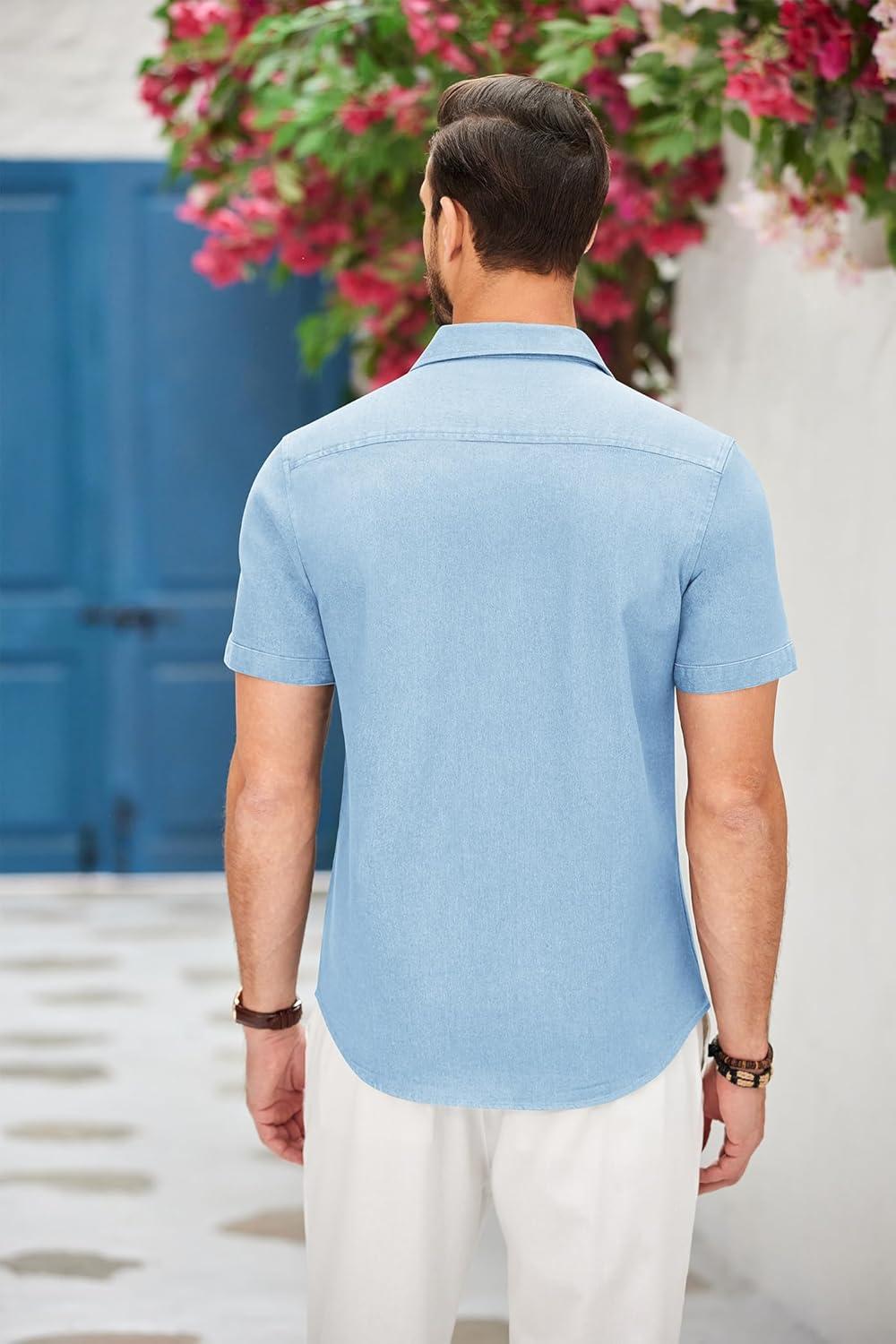 imageCOOFANDY Mens Casual Cotton Short Sleeve Button Down Dress Shirt Plaid Collar Denim Work ShirtsB  Clear Blue  No Pocket