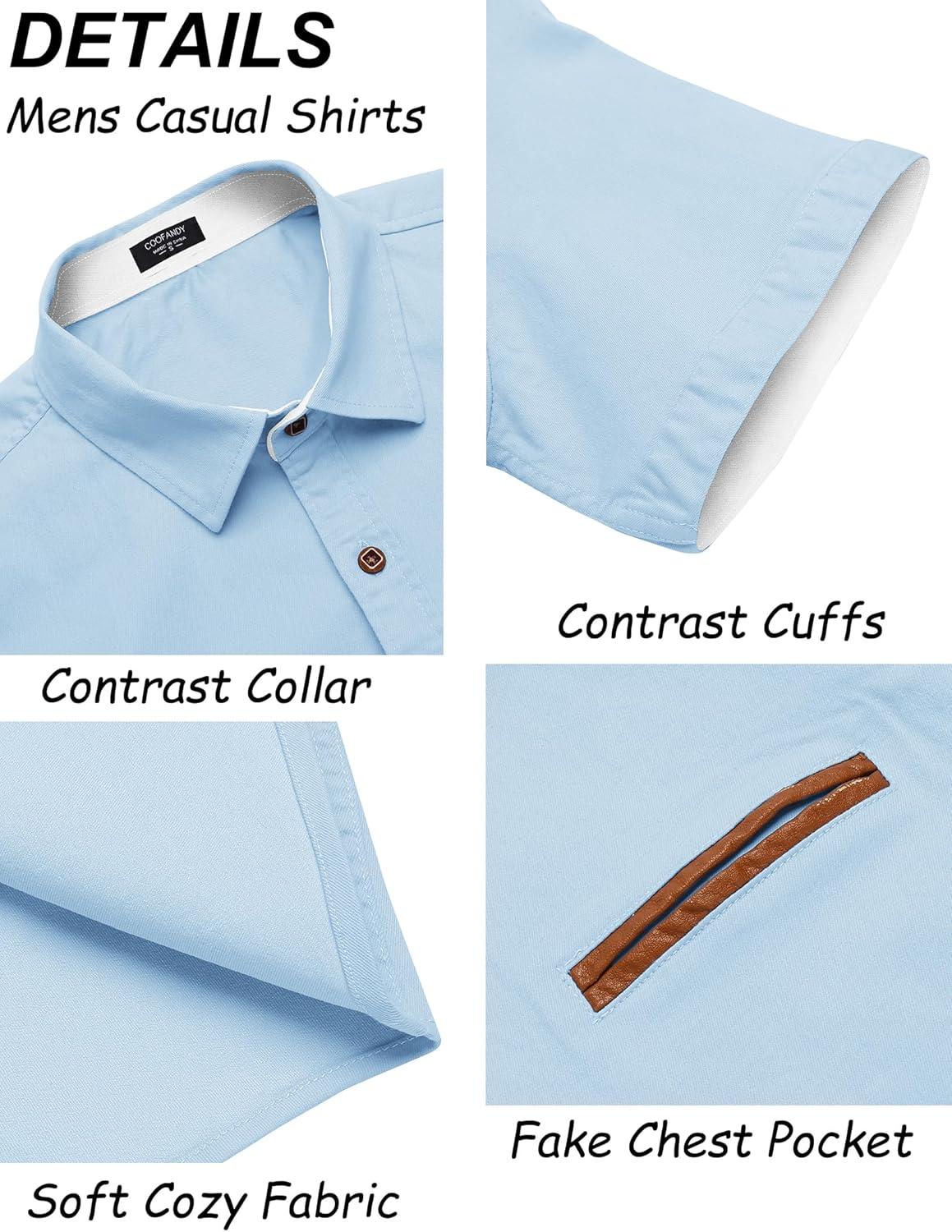 imageCOOFANDY Mens Casual Cotton Short Sleeve Button Down Dress Shirt Plaid Collar Denim Work ShirtsB  Clear Blue  No Pocket