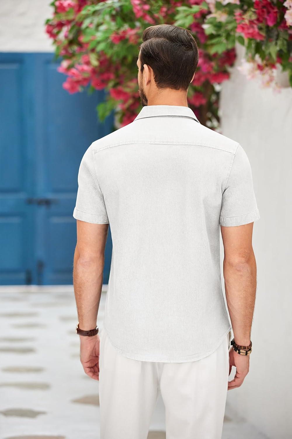 imageCOOFANDY Mens Casual Cotton Short Sleeve Button Down Dress Shirt Plaid Collar Denim Work ShirtsB White  No Pocket