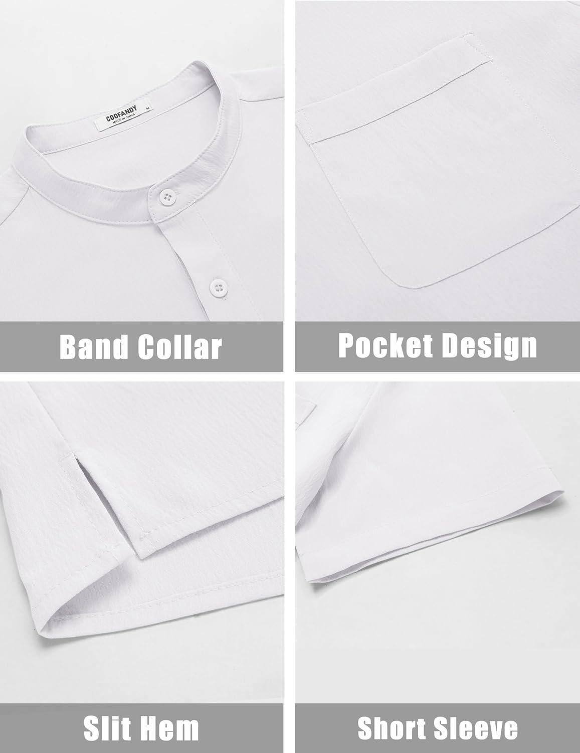 imageCOOFANDY Mens Casual Henley Shirt Short Sleeve Summer Beach Band Collar Shirt Hippie Henley TShirts with PocketAll White