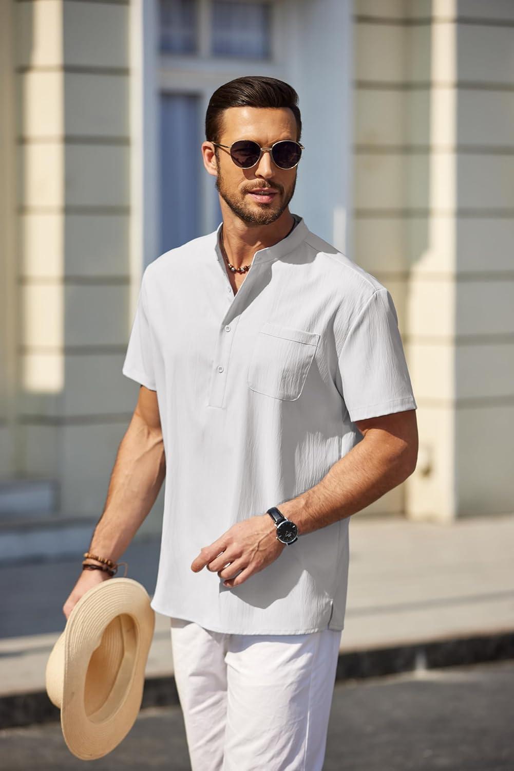imageCOOFANDY Mens Casual Henley Shirt Short Sleeve Summer Beach Band Collar Shirt Hippie Henley TShirts with PocketAll White