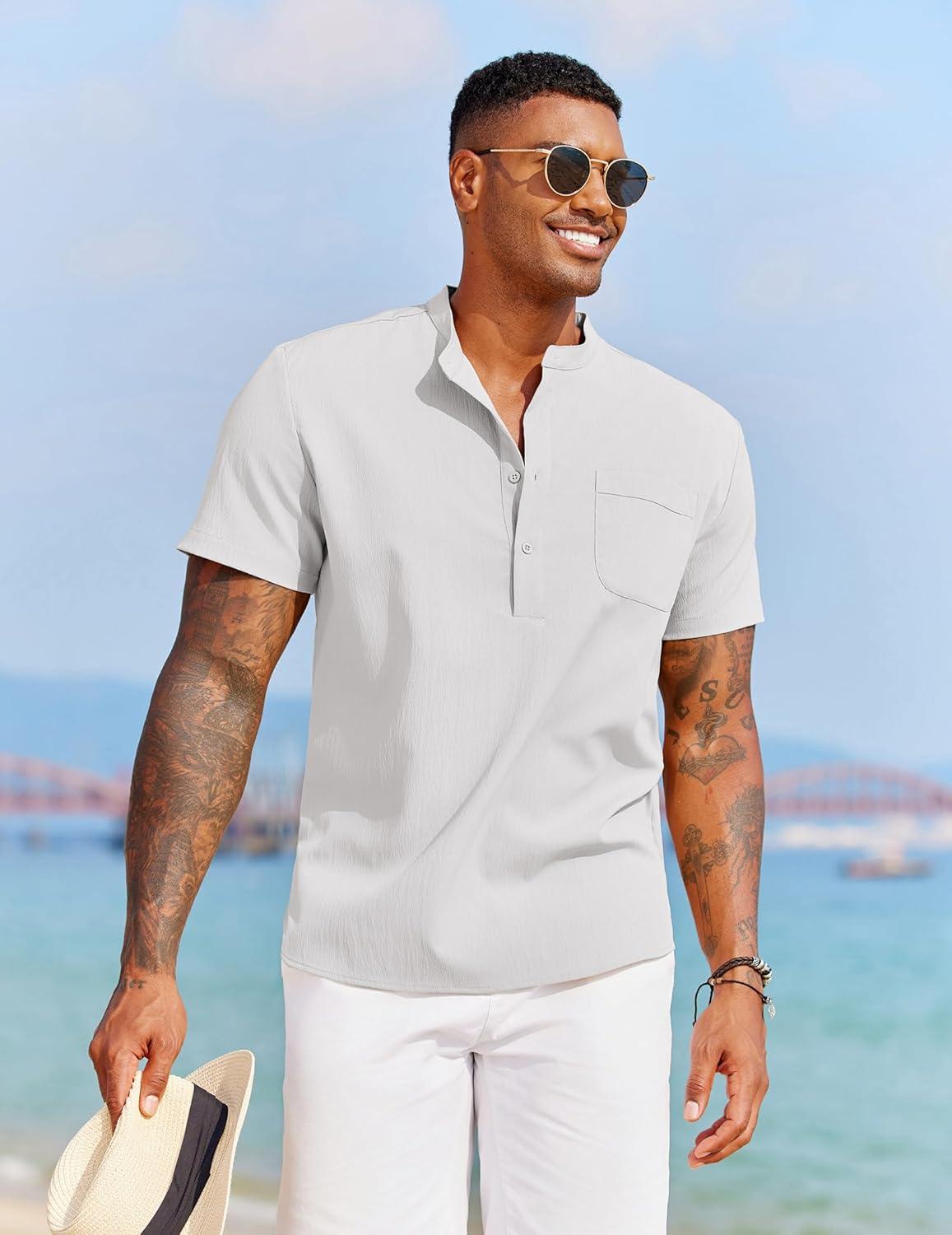 imageCOOFANDY Mens Casual Henley Shirt Short Sleeve Summer Beach Band Collar Shirt Hippie Henley TShirts with PocketAll White