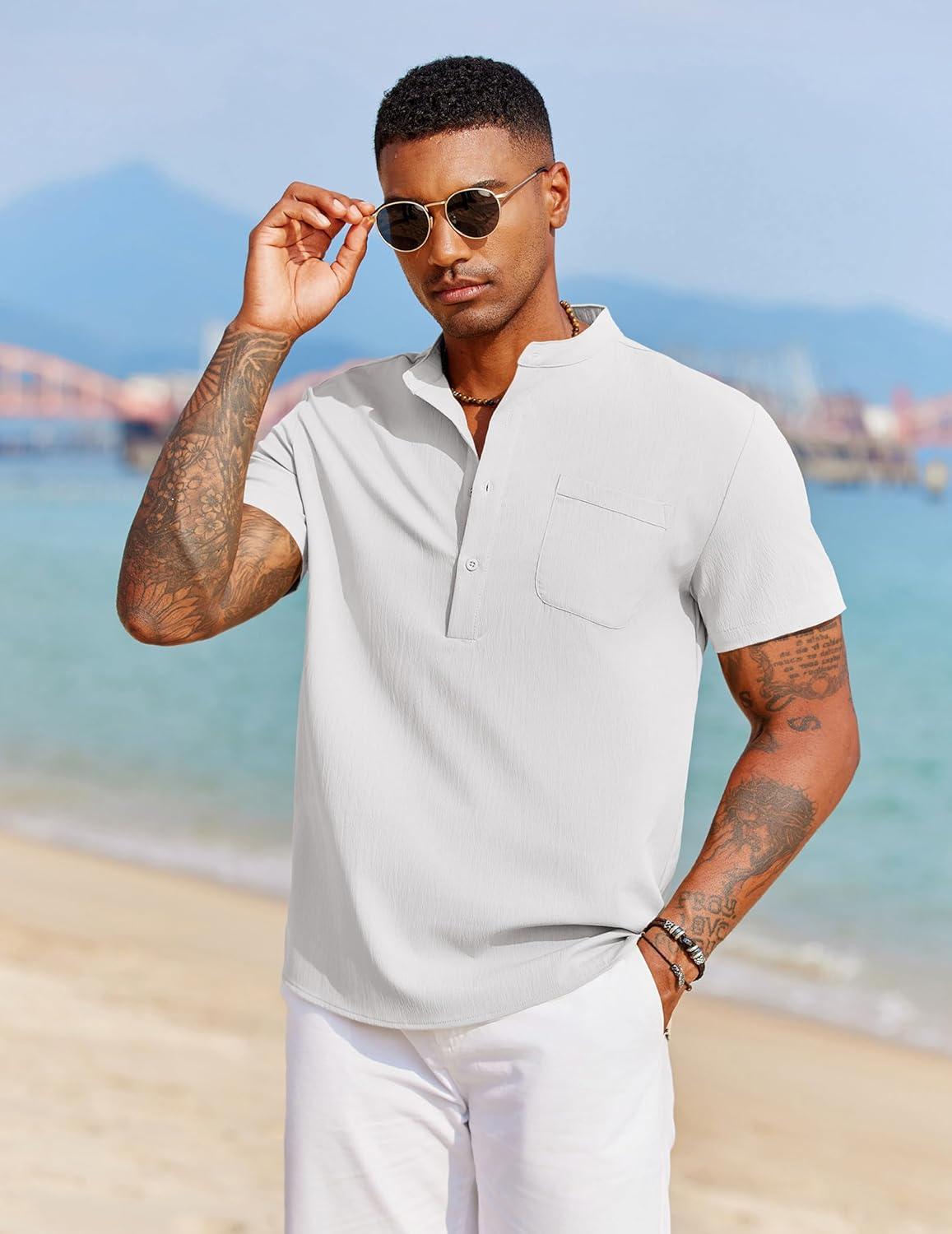 imageCOOFANDY Mens Casual Henley Shirt Short Sleeve Summer Beach Band Collar Shirt Hippie Henley TShirts with PocketAll White