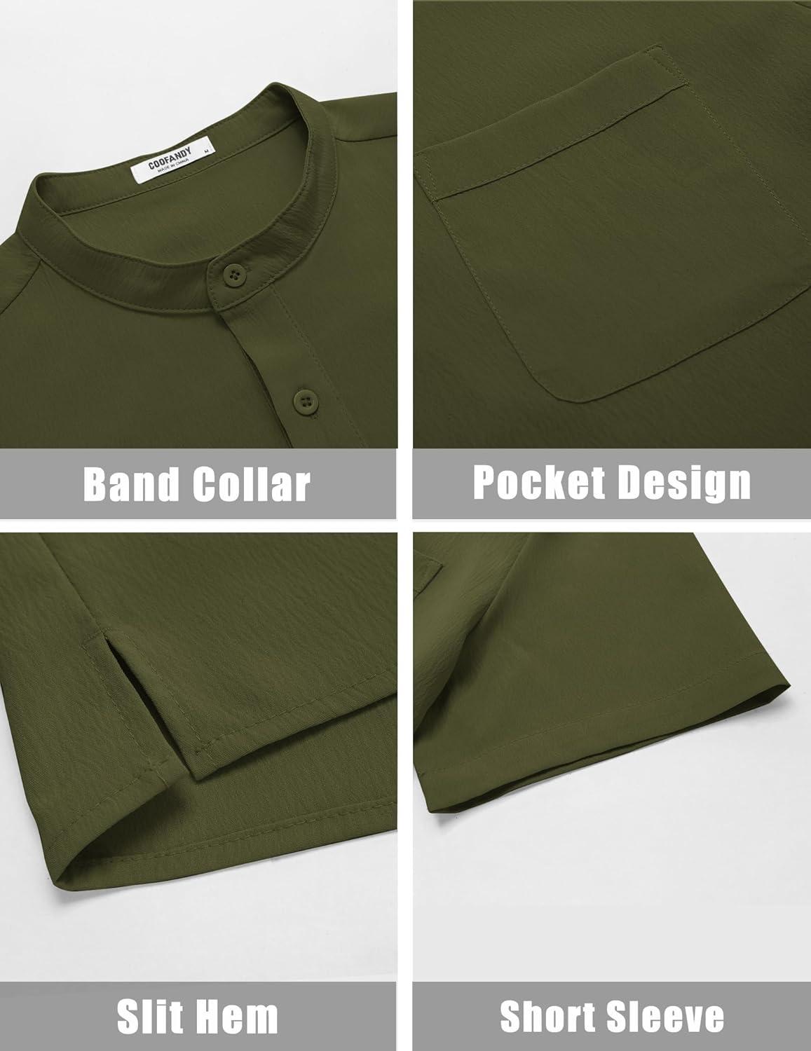 imageCOOFANDY Mens Casual Henley Shirt Short Sleeve Summer Beach Band Collar Shirt Hippie Henley TShirts with PocketArmy Green