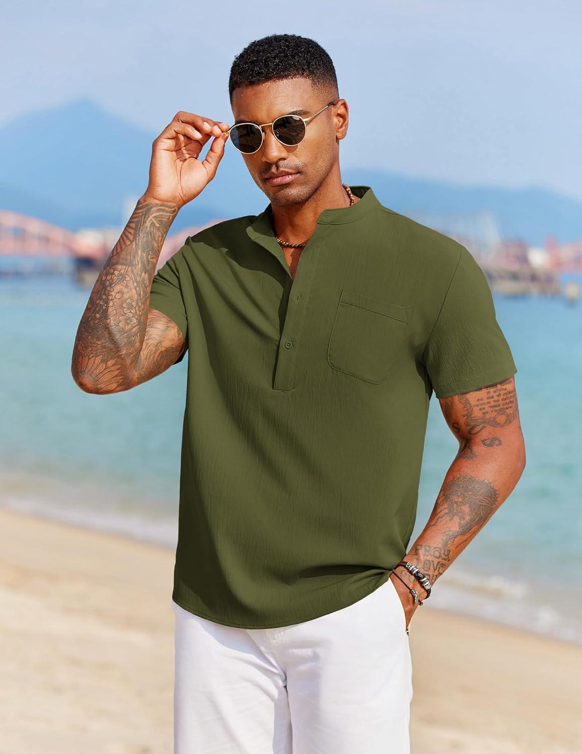 imageCOOFANDY Mens Casual Henley Shirt Short Sleeve Summer Beach Band Collar Shirt Hippie Henley TShirts with PocketArmy Green