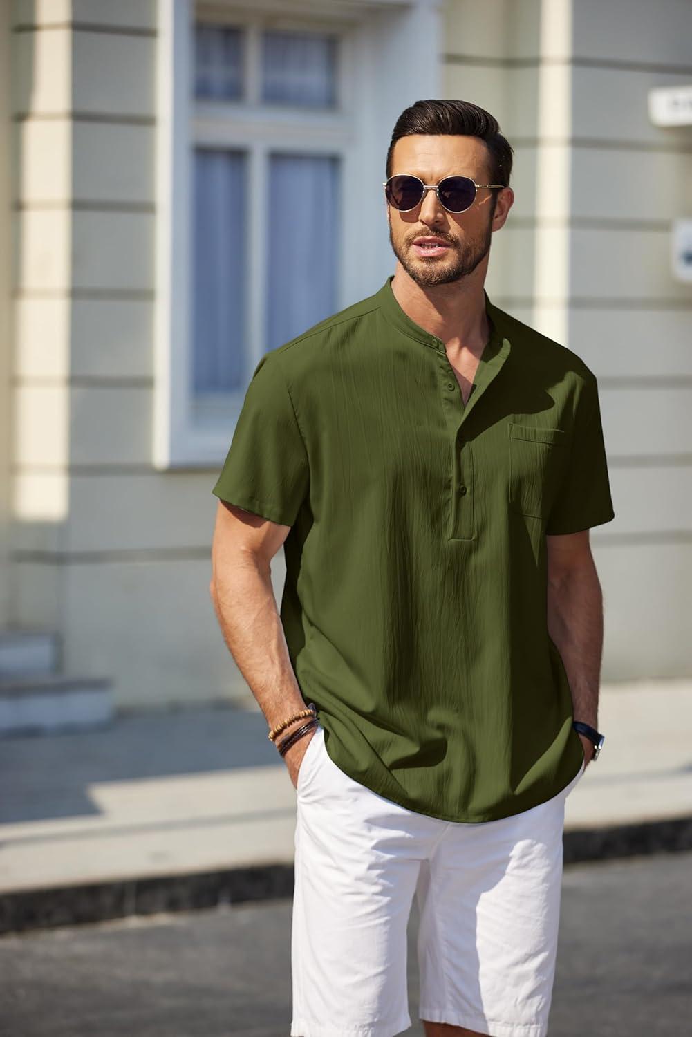 imageCOOFANDY Mens Casual Henley Shirt Short Sleeve Summer Beach Band Collar Shirt Hippie Henley TShirts with PocketArmy Green