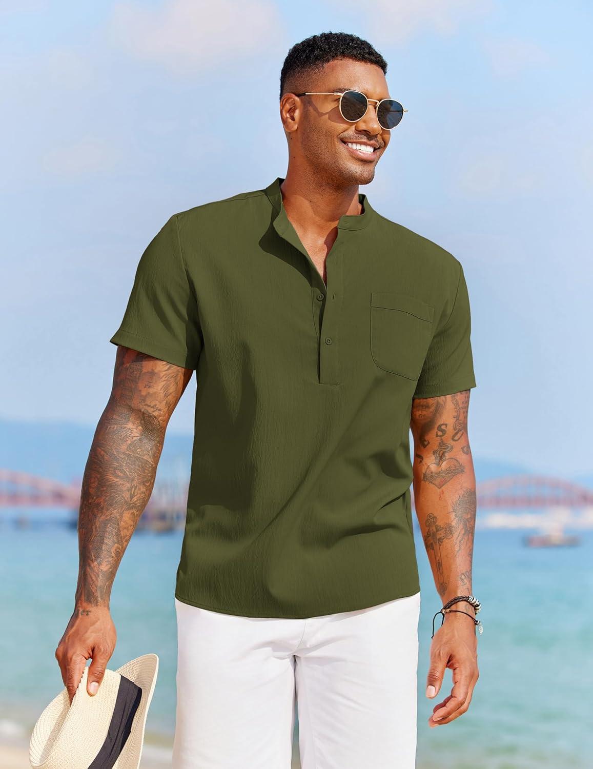 imageCOOFANDY Mens Casual Henley Shirt Short Sleeve Summer Beach Band Collar Shirt Hippie Henley TShirts with PocketArmy Green