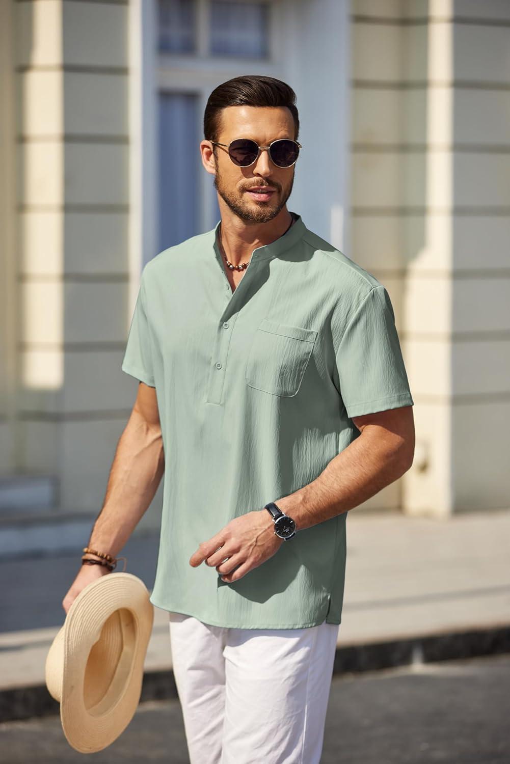 imageCOOFANDY Mens Casual Henley Shirt Short Sleeve Summer Beach Band Collar Shirt Hippie Henley TShirts with PocketLight Green