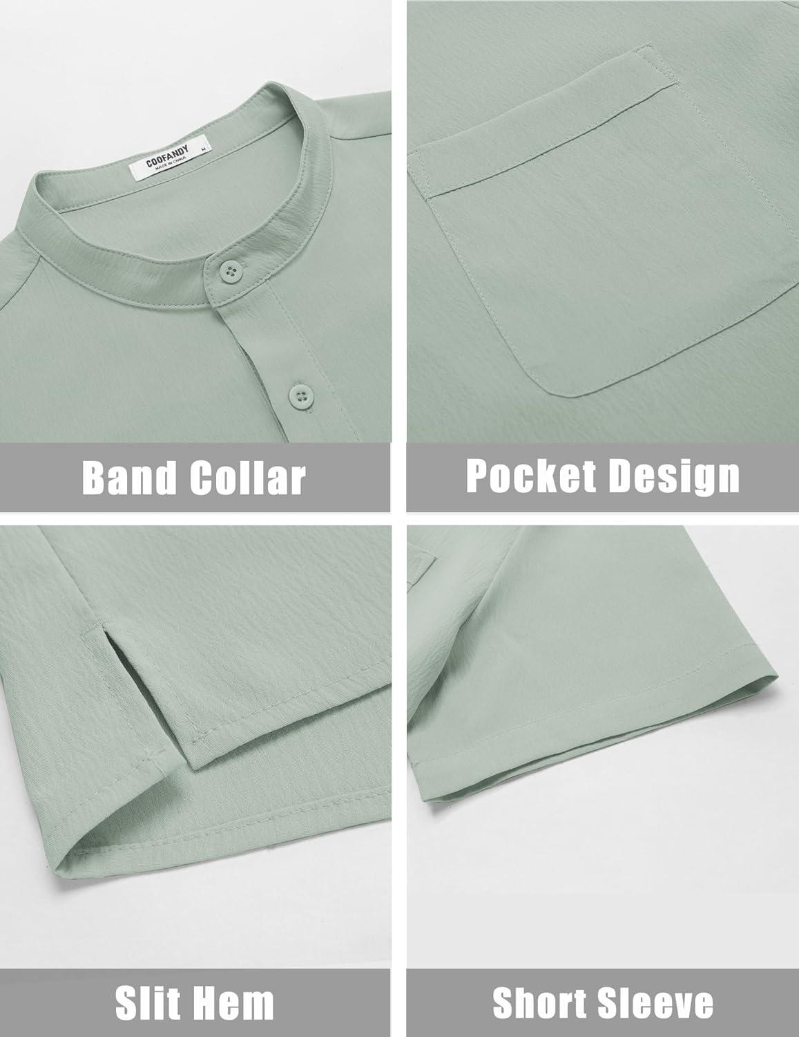 imageCOOFANDY Mens Casual Henley Shirt Short Sleeve Summer Beach Band Collar Shirt Hippie Henley TShirts with PocketLight Green