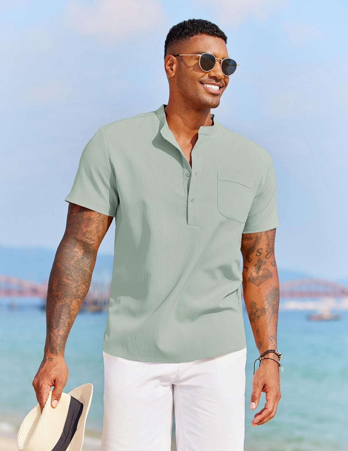 imageCOOFANDY Mens Casual Henley Shirt Short Sleeve Summer Beach Band Collar Shirt Hippie Henley TShirts with PocketLight Green